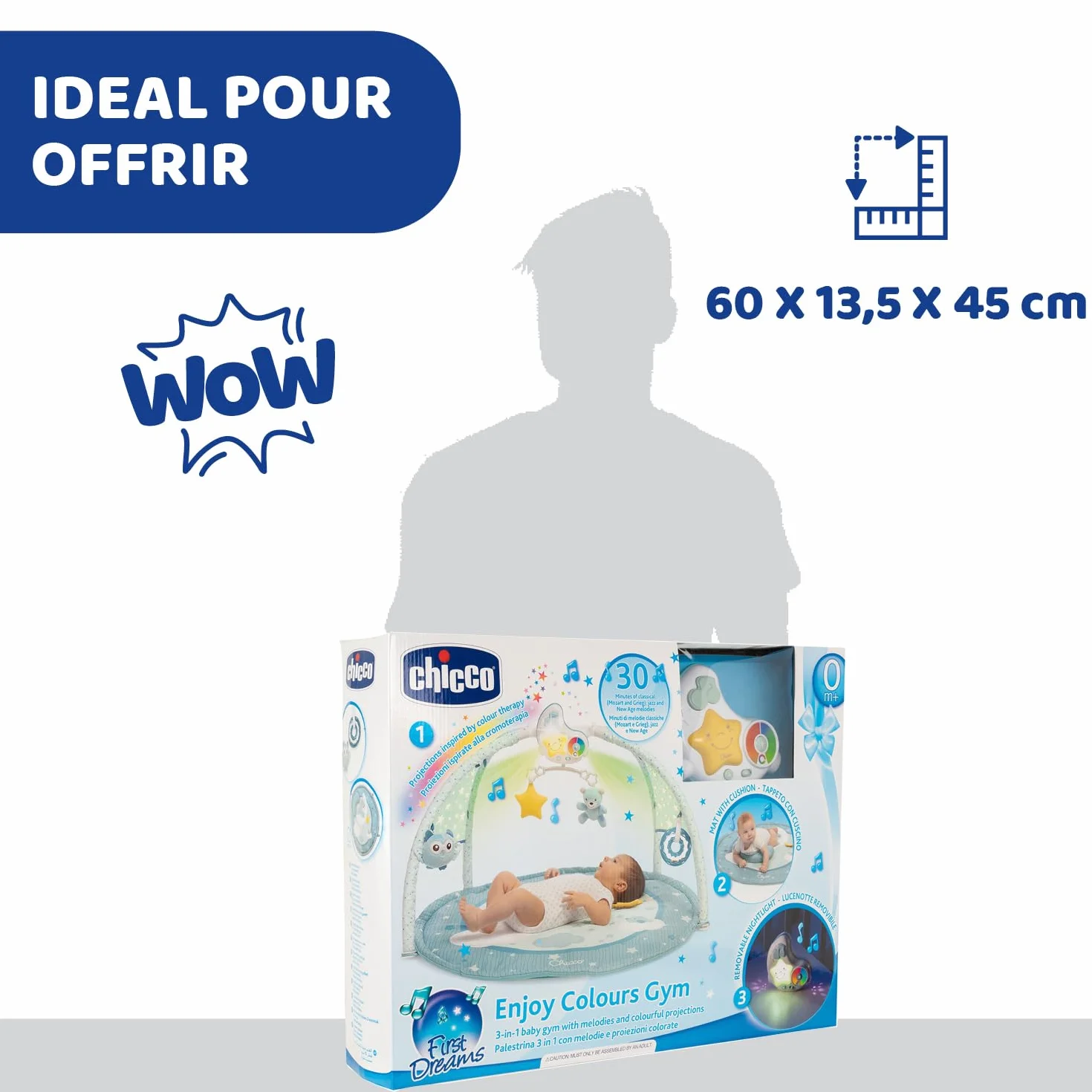 Chicco Tapis d'Éveil 3 en 1 Gym Électronique Multifonction avec Projecteur d'Étoiles, Veilleuse et Musique Relaxante - Bleu