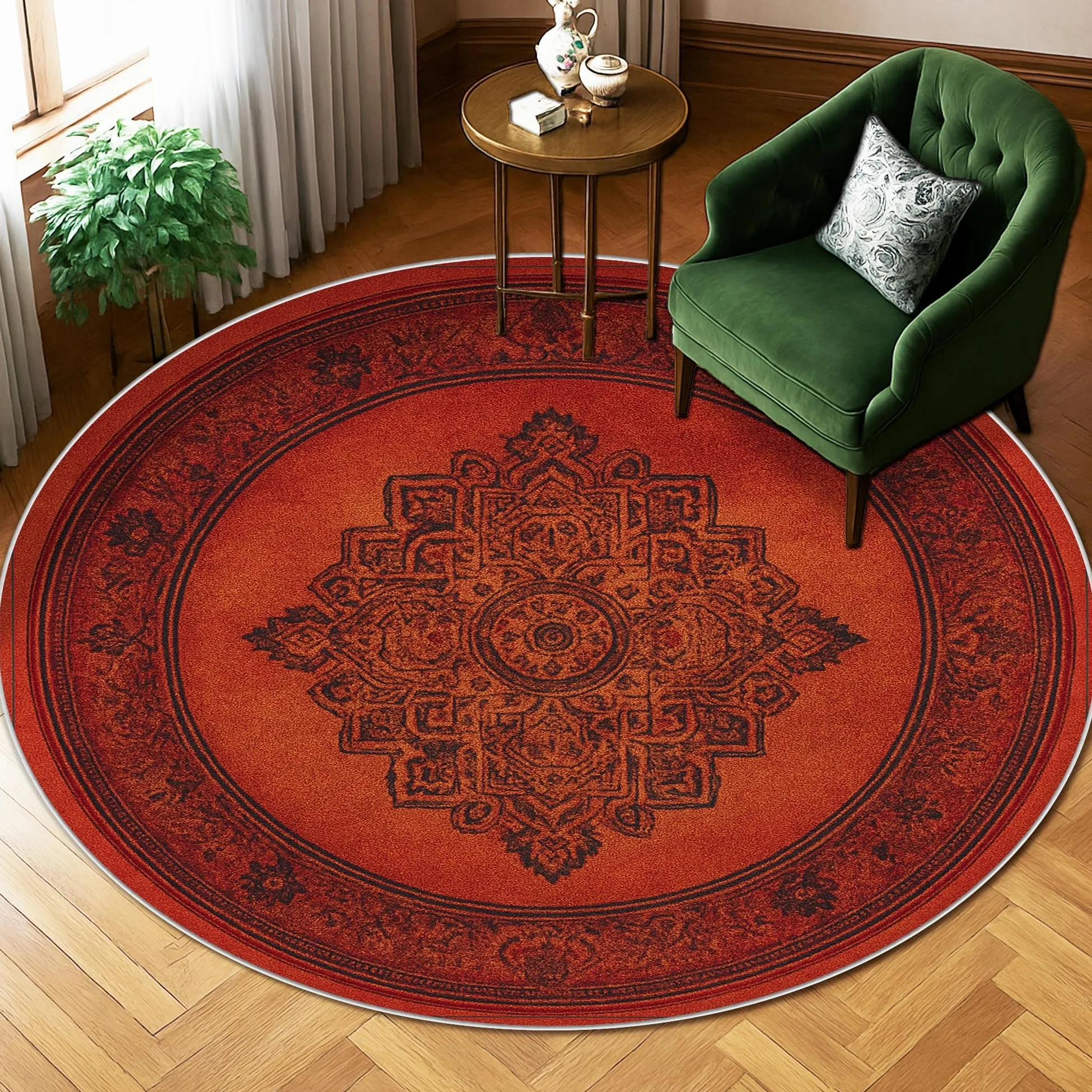 Tapis mandala, style bohème vintage à ornement floral, terre cuite, envers antidérapant, pour salon, chambre à coucher, nouvelle maison, salle à manger, 1,8 x 1,8 m