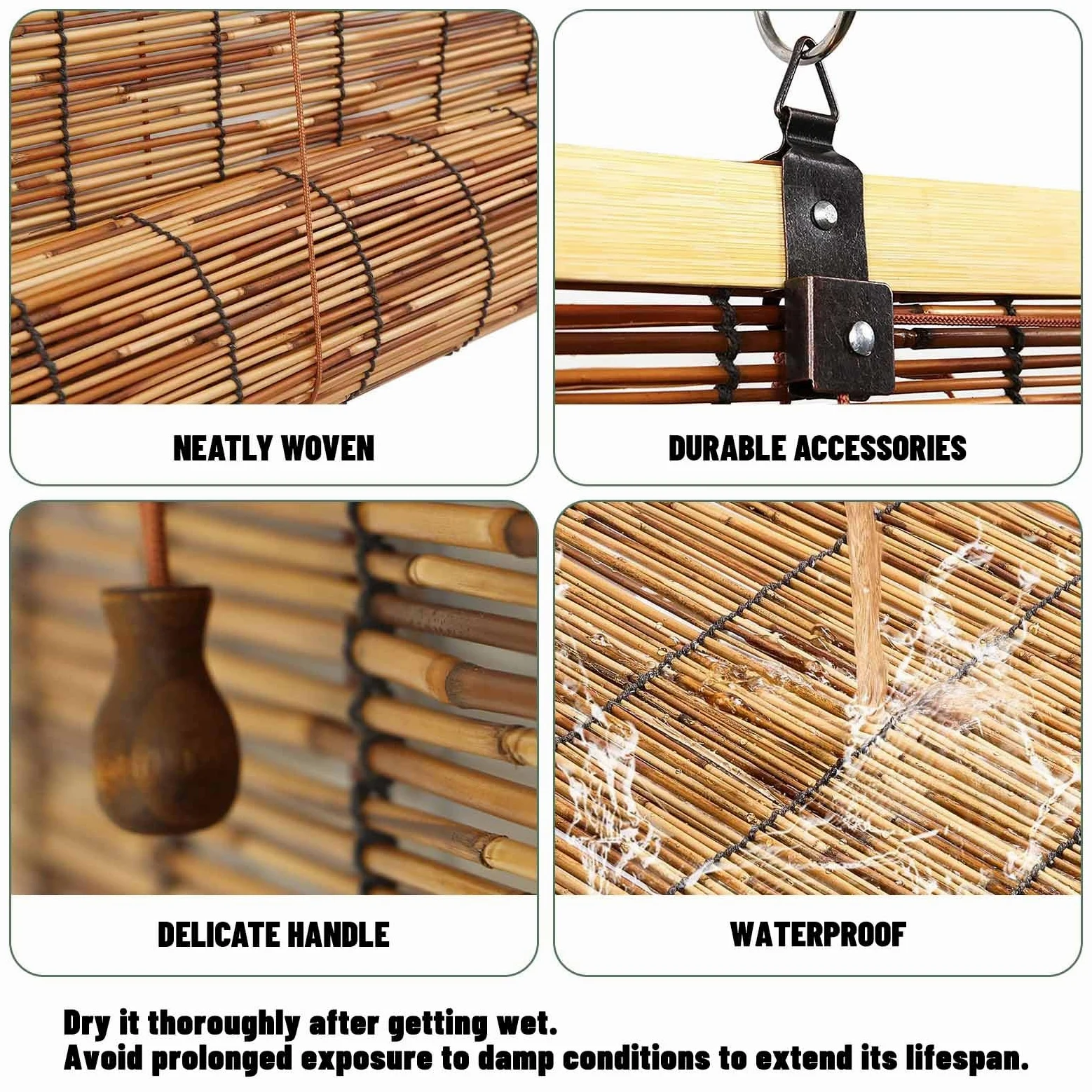 Rideau Store Bambou Exterieur Intérieur Store Enrouleur Roseau Imperméables 50-180cm Faciles à Installer Anti-UV Intimité Pour Salon Terrasse Pergola Rétro Rideau de Paille avec Levage(W150xH180cm)