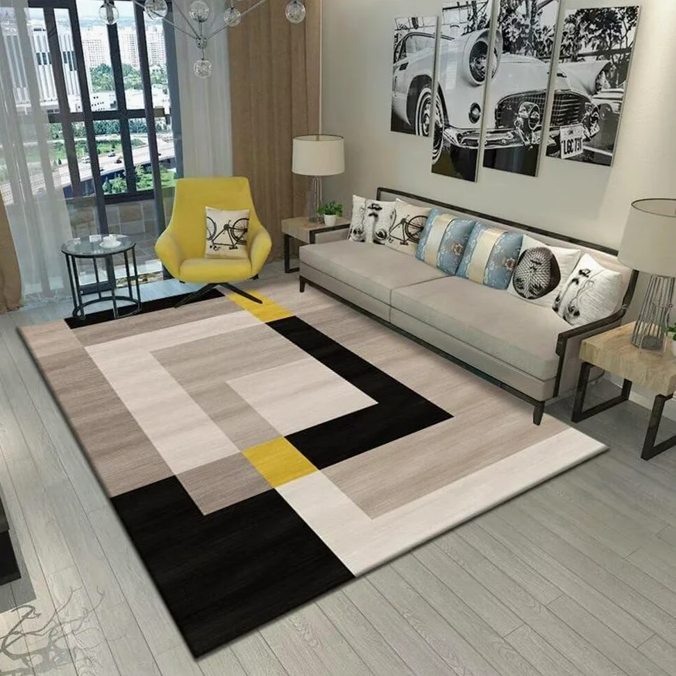 Tapis Barbecue Sol Decoration Chambre Fille Le Tapis de Chambre à Coucher de Salon de Conception géométrique rectangulaire Noir Gris Jaune Peut être personnalisé Tapis Entree 80X200CM