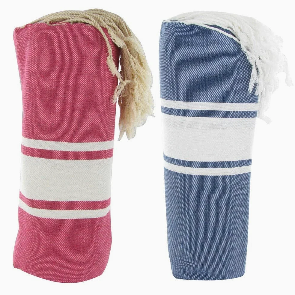 Les POULETTES Bijoux - Duo Foutas Serviettes Plage ou Hamman Fuchsia et Bleu Jean