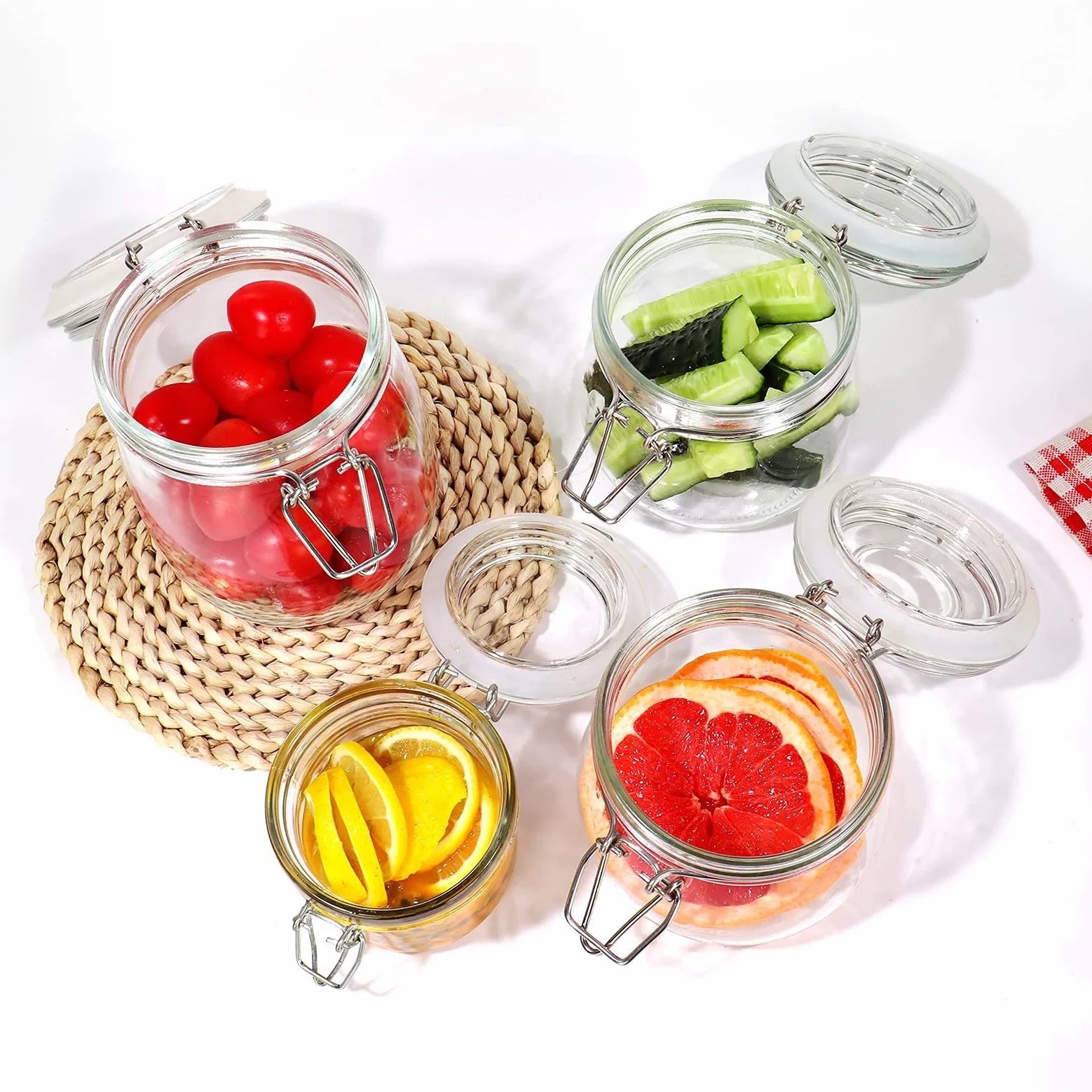 Betrome Lot de 6 bocaux en verre avec couvercle hermétique en caoutchouc réutilisable pour confiture, café, thé, miel, haricots, épices