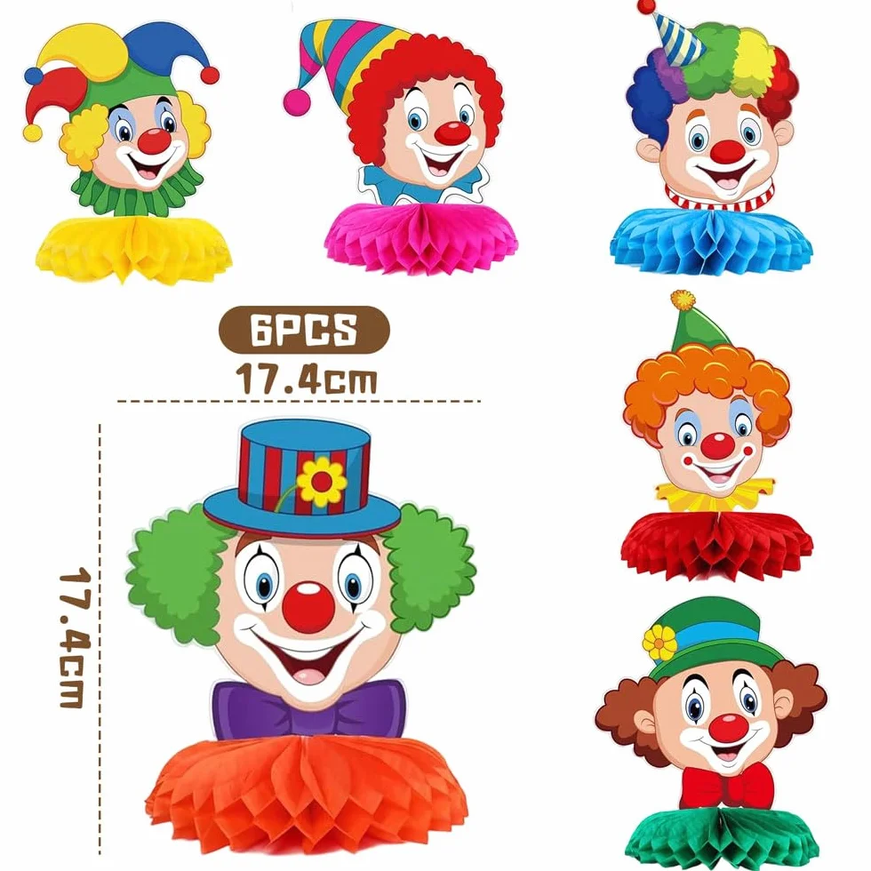 Décoration de Carnaval Clown, 9 Pièces Décorations de Table Nid d'Abeille 3D, Cirque Animal, Anniversaire (6Pcs)