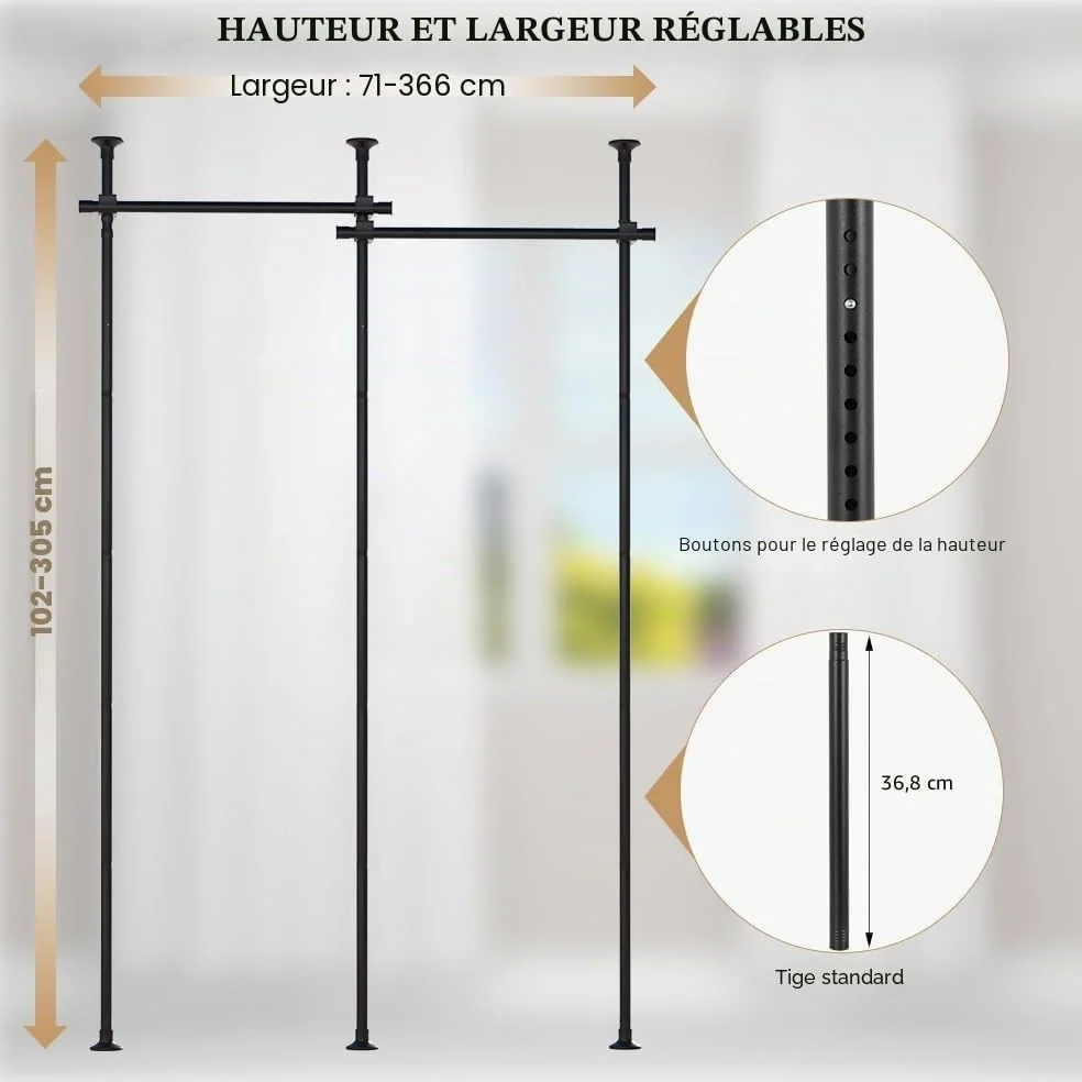 KELIXU Tringle à rideaux de séparation de pièce, sans perçage, 71,1 à 365,8 cm de large x 1,2 à 3 m de haut, séparateur de sol au plafond, support de tension vertical
