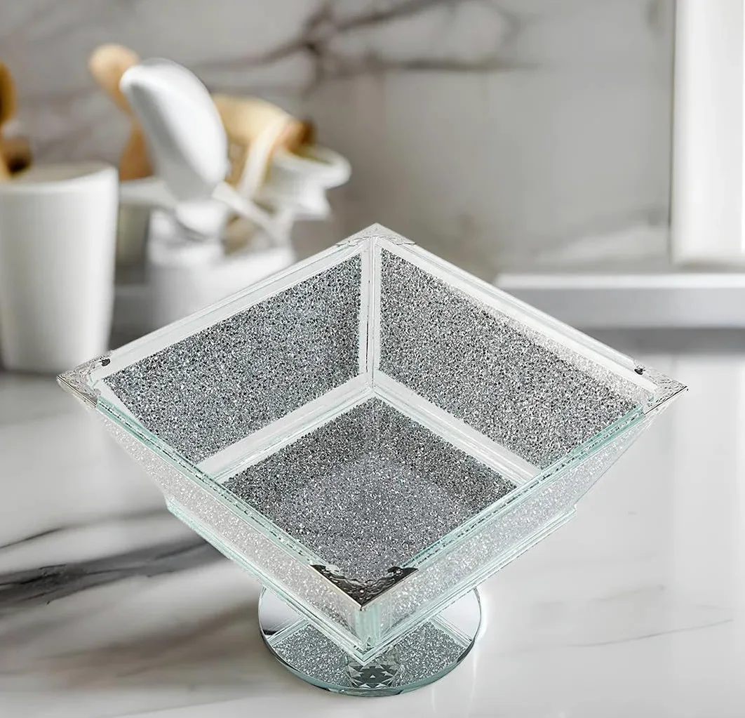 Corbeille à fruits en cristal extra large avec cadre en métal argenté de forme carrée