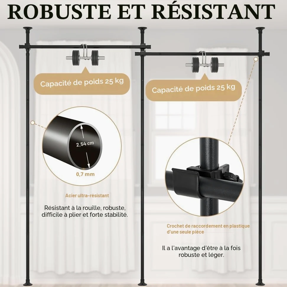 KELIXU Tringle à rideaux de séparation de pièce, sans perçage, 71,1 à 365,8 cm de large x 1,2 à 3 m de haut, séparateur de sol au plafond, support de tension vertical