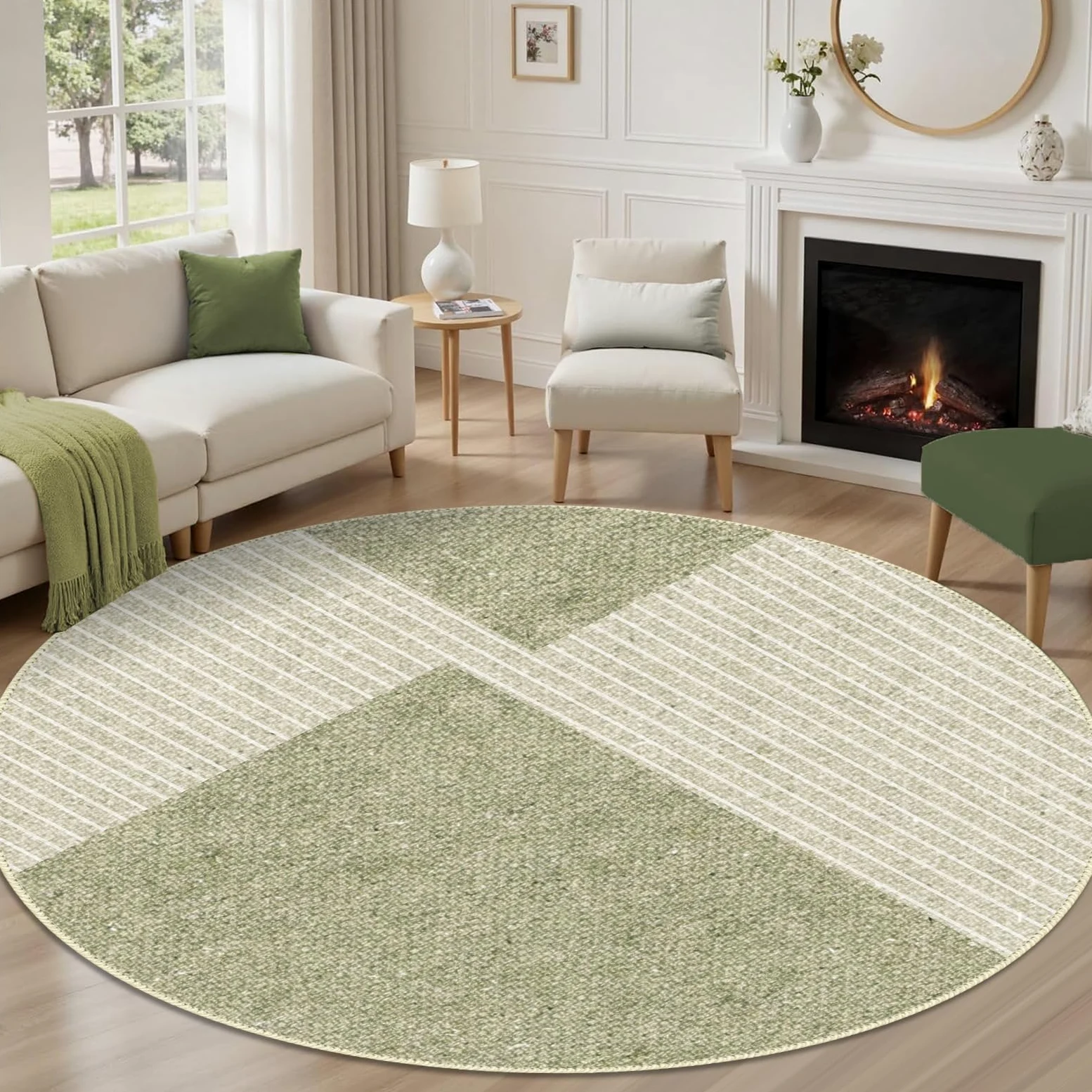 Tapis de salon rond 80 cm, moelleux à poils courts avec design géométrique vert et beige, antidérapant et lavable, pour le salon ou comme descente de lit, en vert, beige