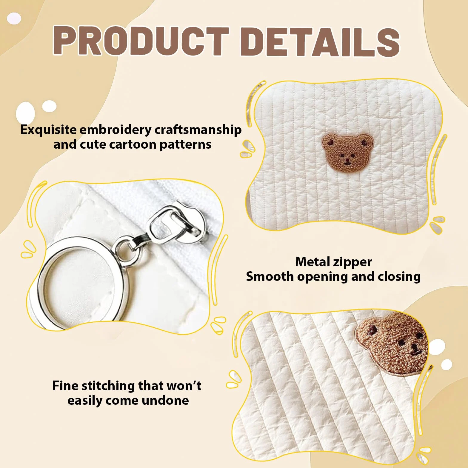 Sac à langer en coton organisateur universel pour poussette avec 2 sangles broderie ours