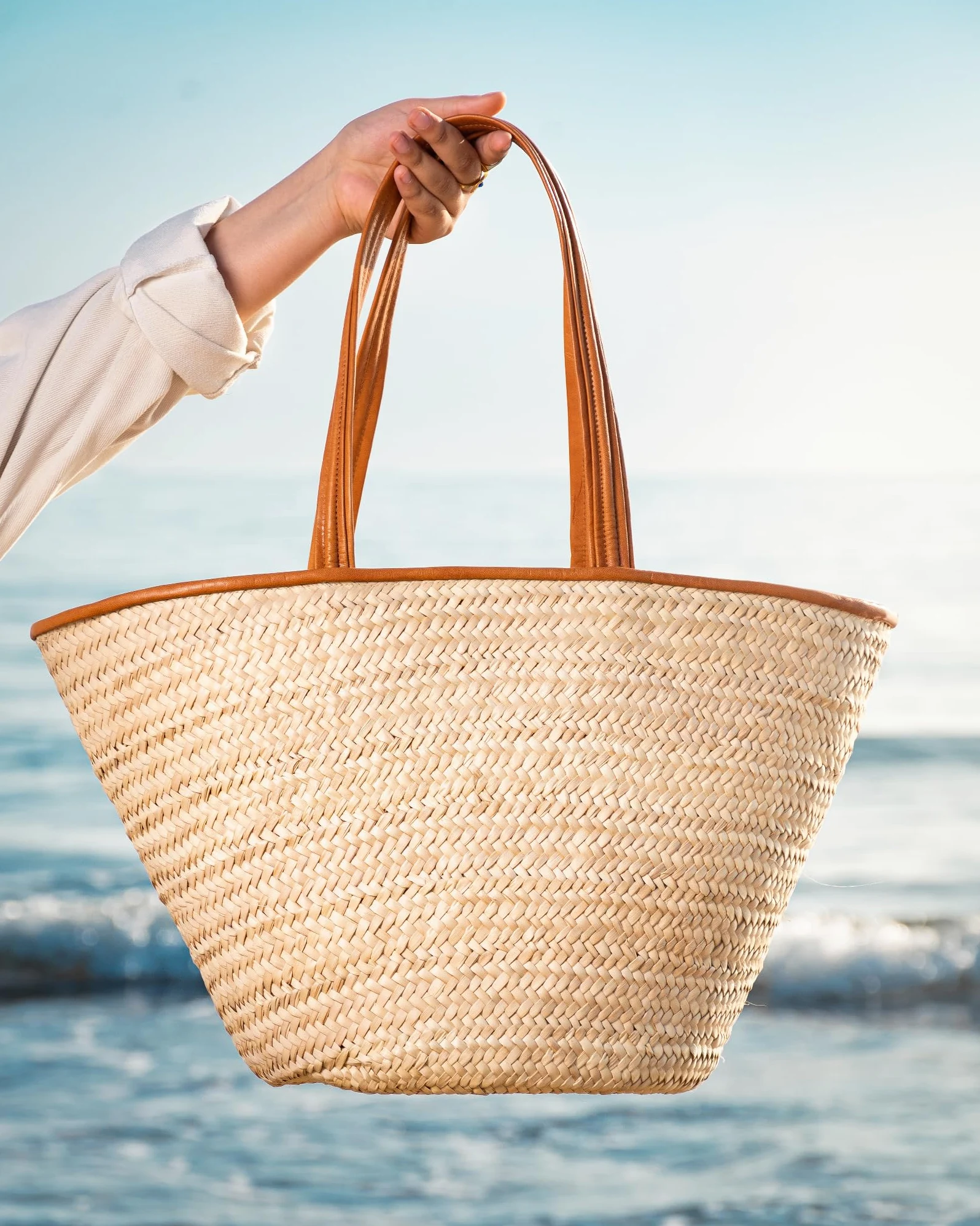 Sac de courses - En Osier Naturel - Avec Doublure et Poche - Finitions et Poignée en Cuir - Pratique, grande capacité et Multi-usage