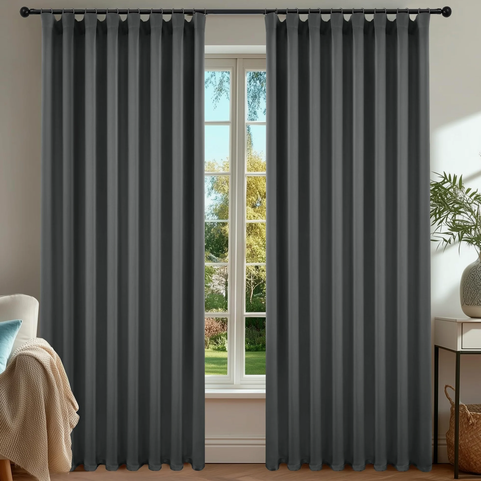 Deconovo Rideaux occultants, Opaques, avec Bandes froncées, Rideaux Thermiques 3 en 1, Chambre à Coucher, 2 Pièces140×300 CM (Largeur x Hauteur) Gris Foncé