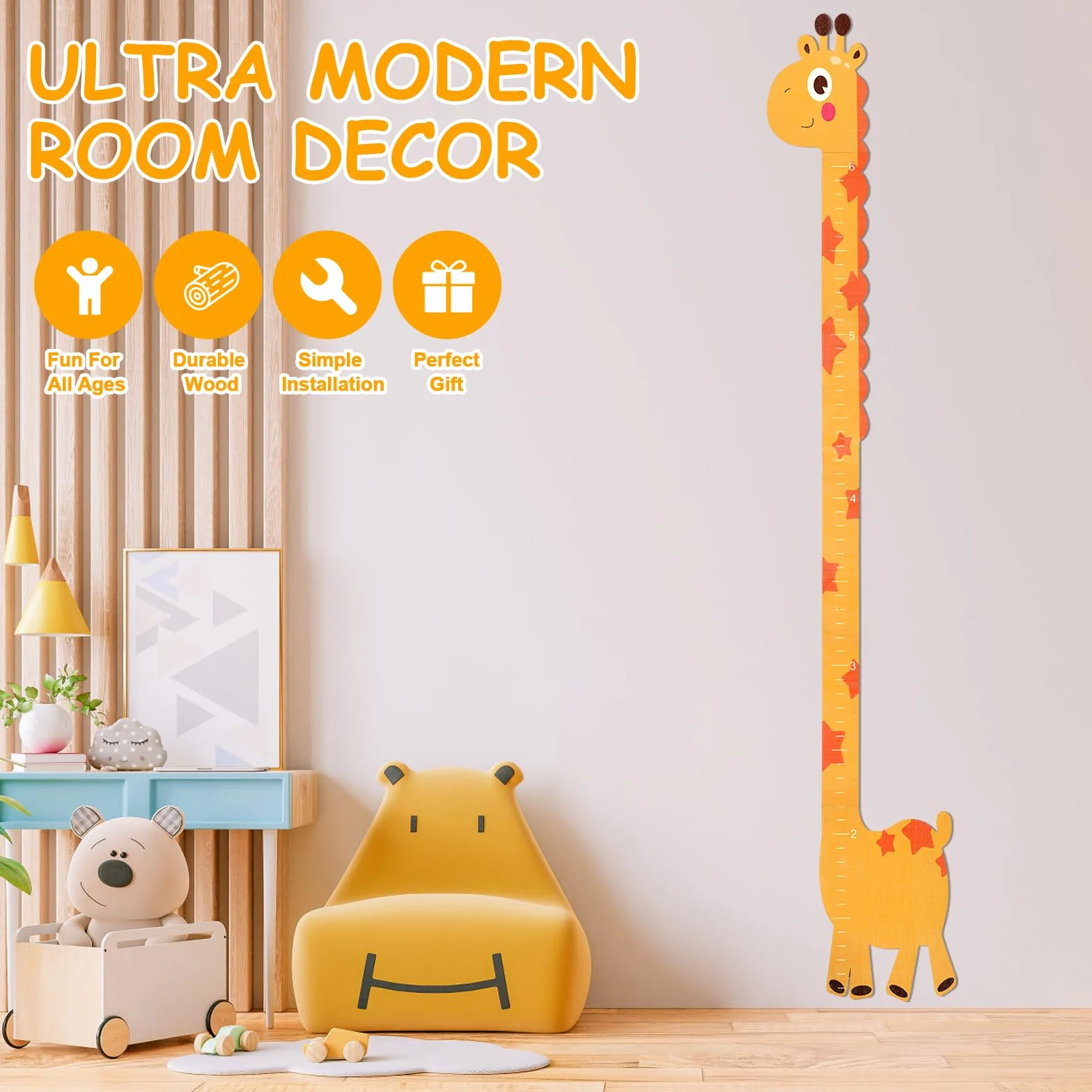 Toise pour enfants 180 cm en bois personnalisable girafe jaune décoration murale