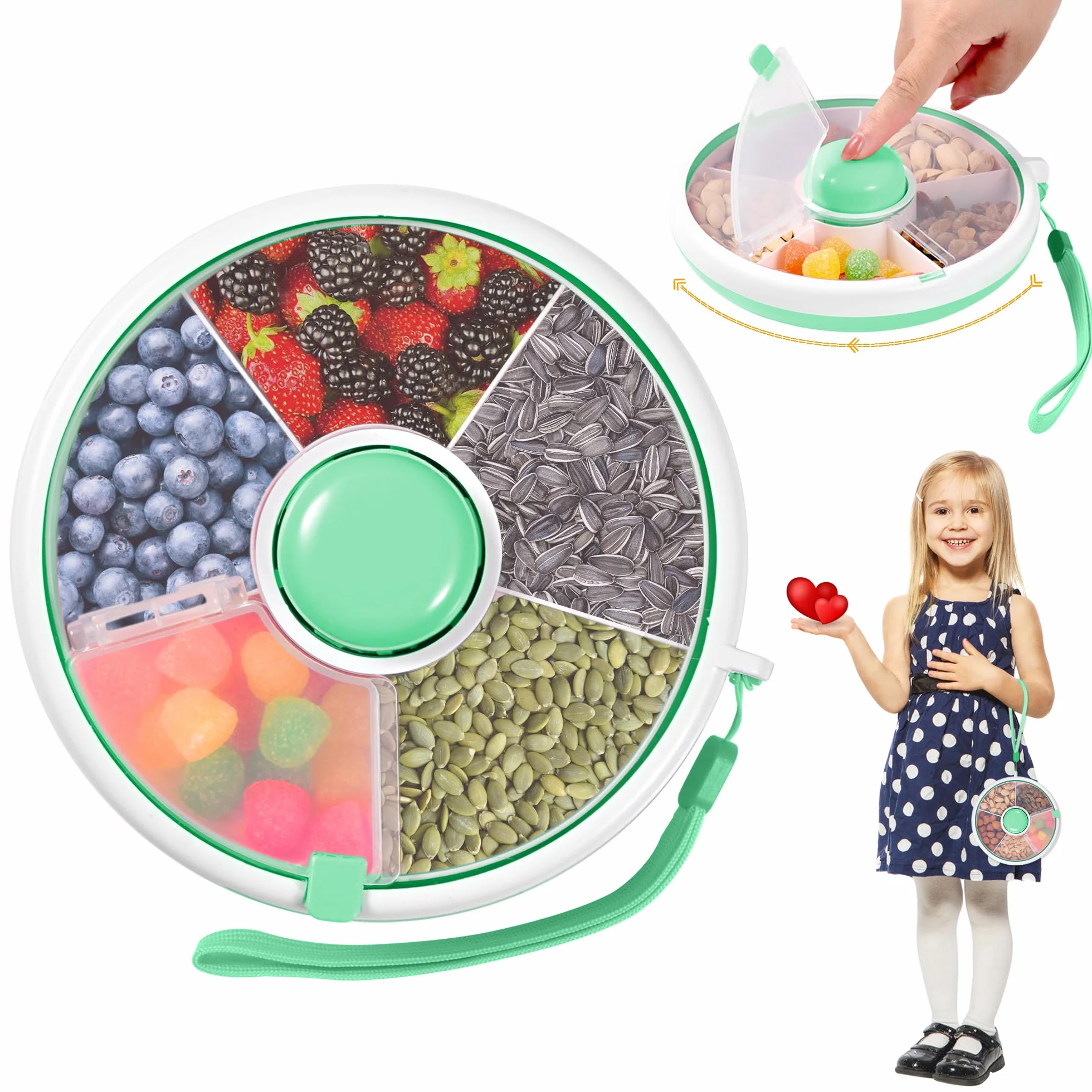 Snack Spinner Boîte à goûter enfant compartiments ronds réutilisables Organisateur collations melon bonbons graines fruits
