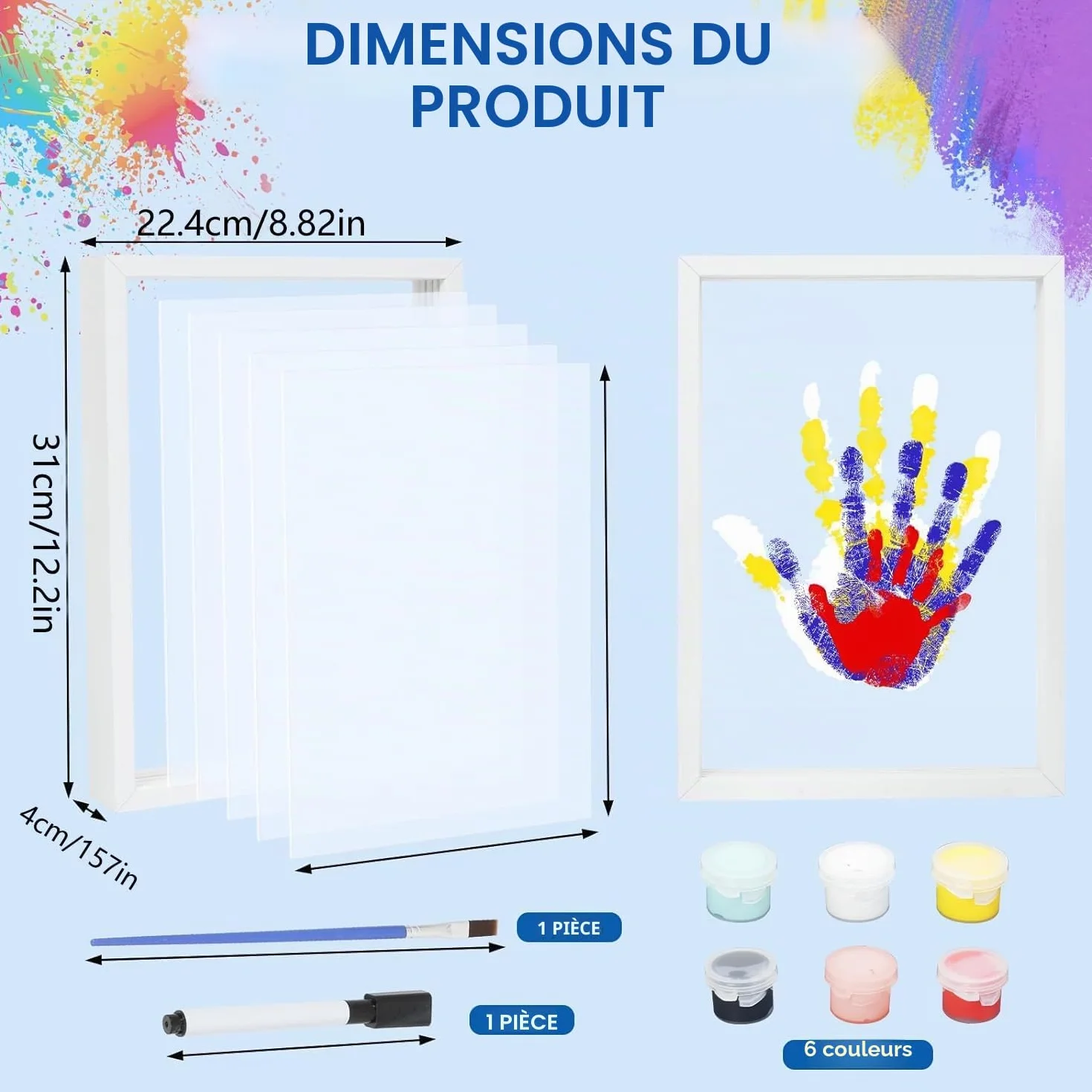 Kit d'Empreintes de Mains Familiales, Cadre en Bois Souvenir Artisanal, Coffret Cadeau, Peintures Non Toxiques, Feuilles Transparentes (Blanc)