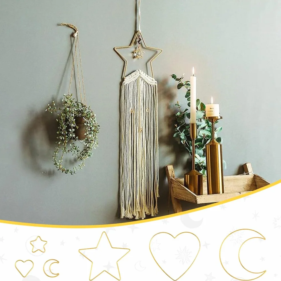 Lot de 6 Anneaux Attrape Rêves en Métal Doré Formes Étoile Lune Cœur Décoration Murale