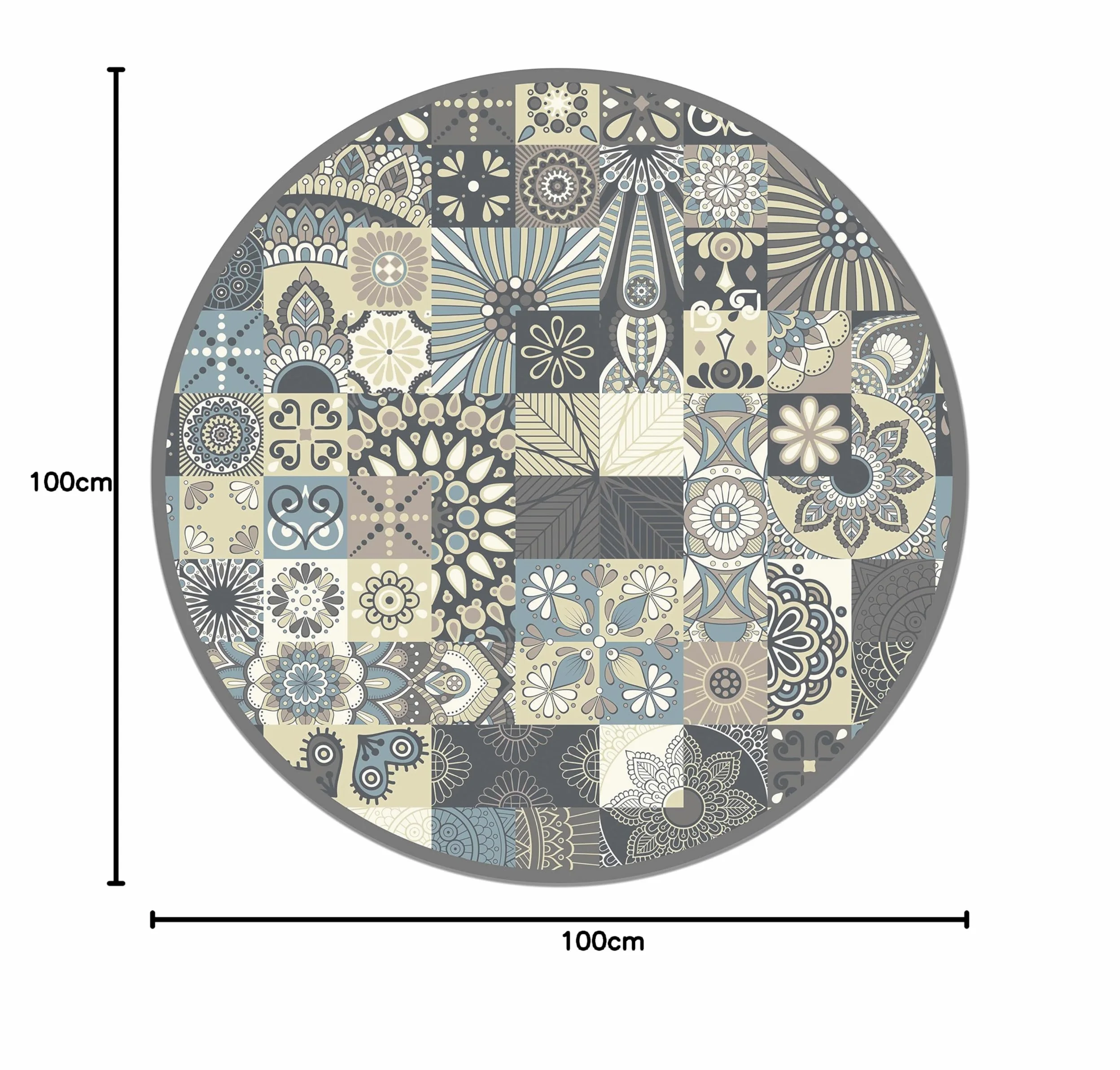 Panorama Tapis Vinyle - Modèle Carreaux Ciments Bleu Rond 100x100 cm - Différentes Tailles - Deco Maison, Cuisine, Chambre et Exterieur