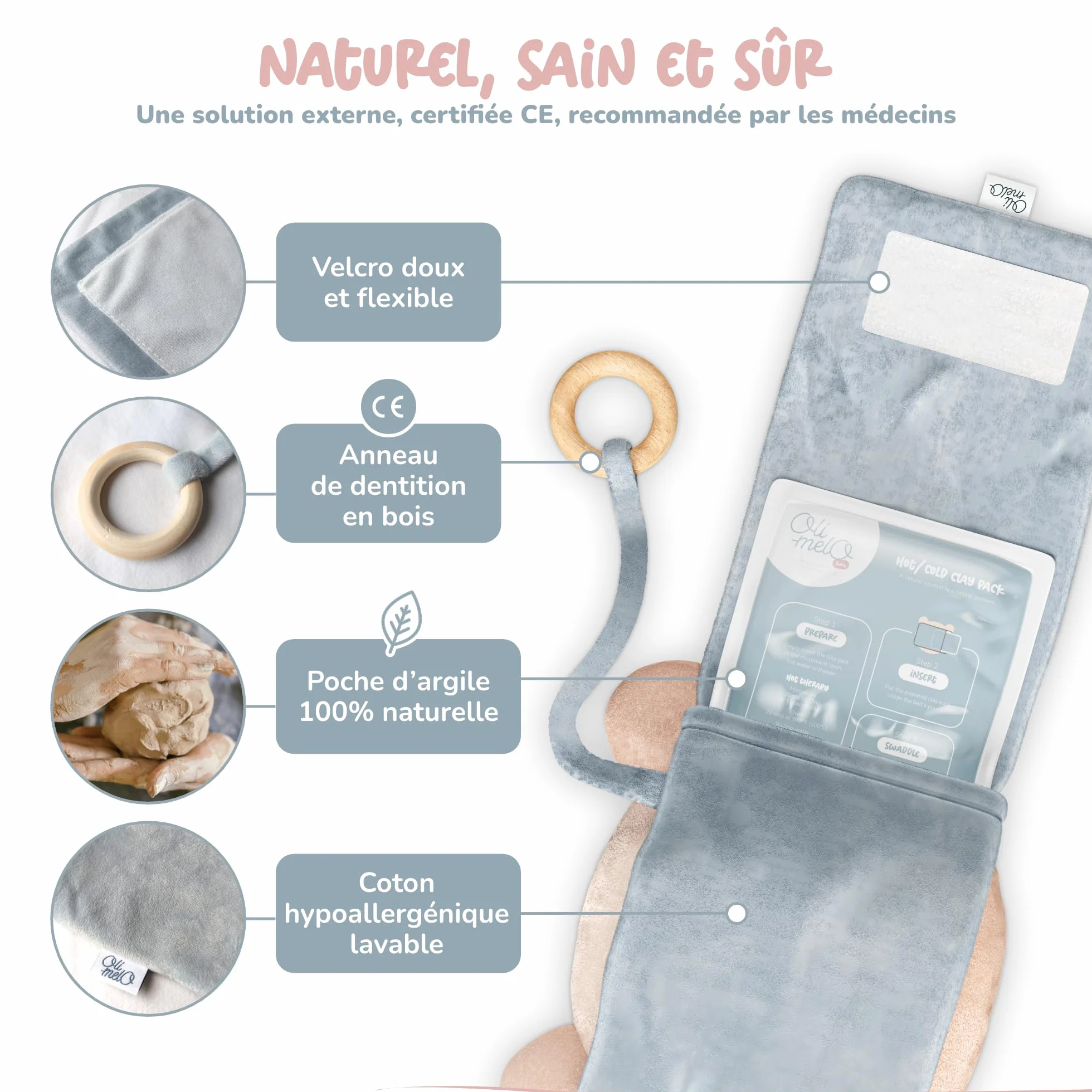 Bouillotte Bébé Anti Colique Chaud Froid Argile CE Naturel Anneau Dentition Inclus Ceinture Doudou Peluche Nourrisson