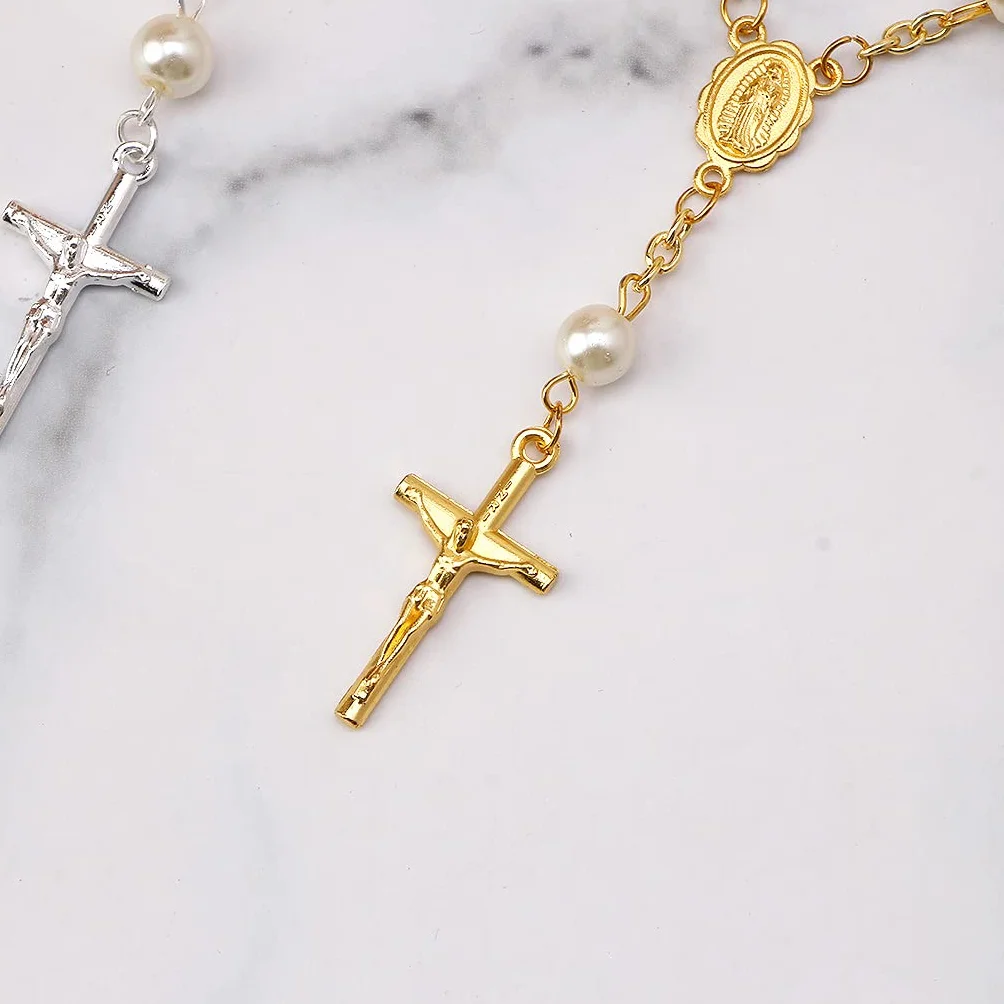 Baptême Mini Chapelet Ivoire Faux Perles Bracelet Croix