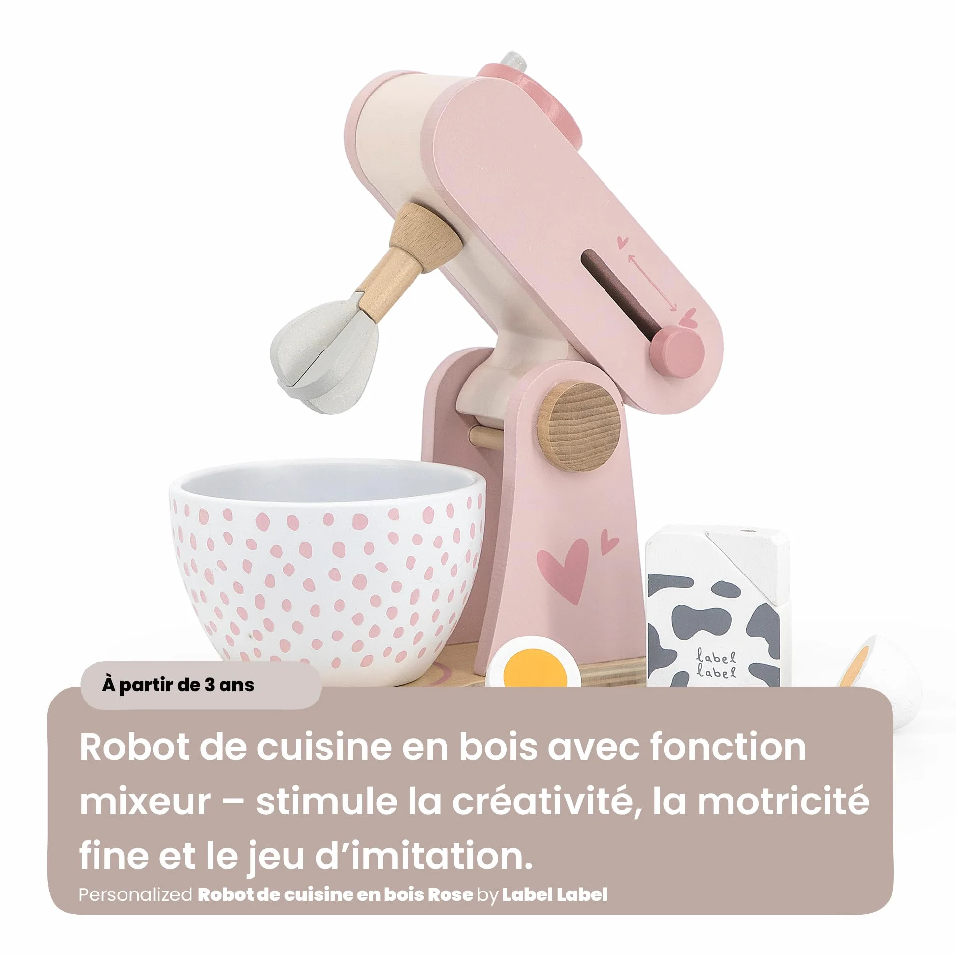 Robot de Cuisine en Bois Rose pour Enfants avec Fonction Mixeur et Bol Mélangeur Personnalisable Prénom Label Label