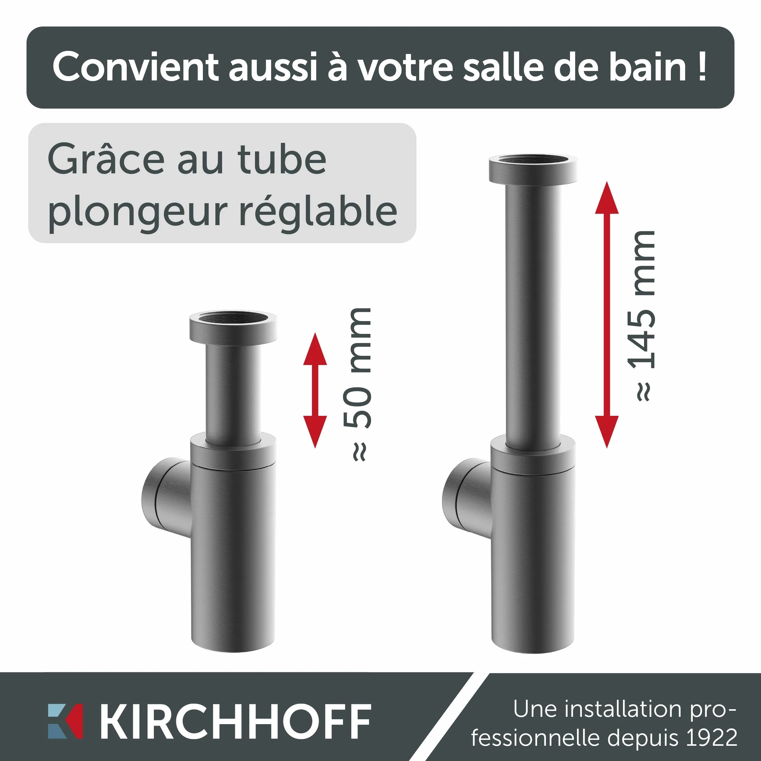 Kirchhoff Bonde de Lavabo Universelle Graphite Mat, Siphon | Laiton massif enduit, raccord 11⁄4", kit avec rosace murale, joint bonde et bouchon lavabo universel, ouverture de nettoyage