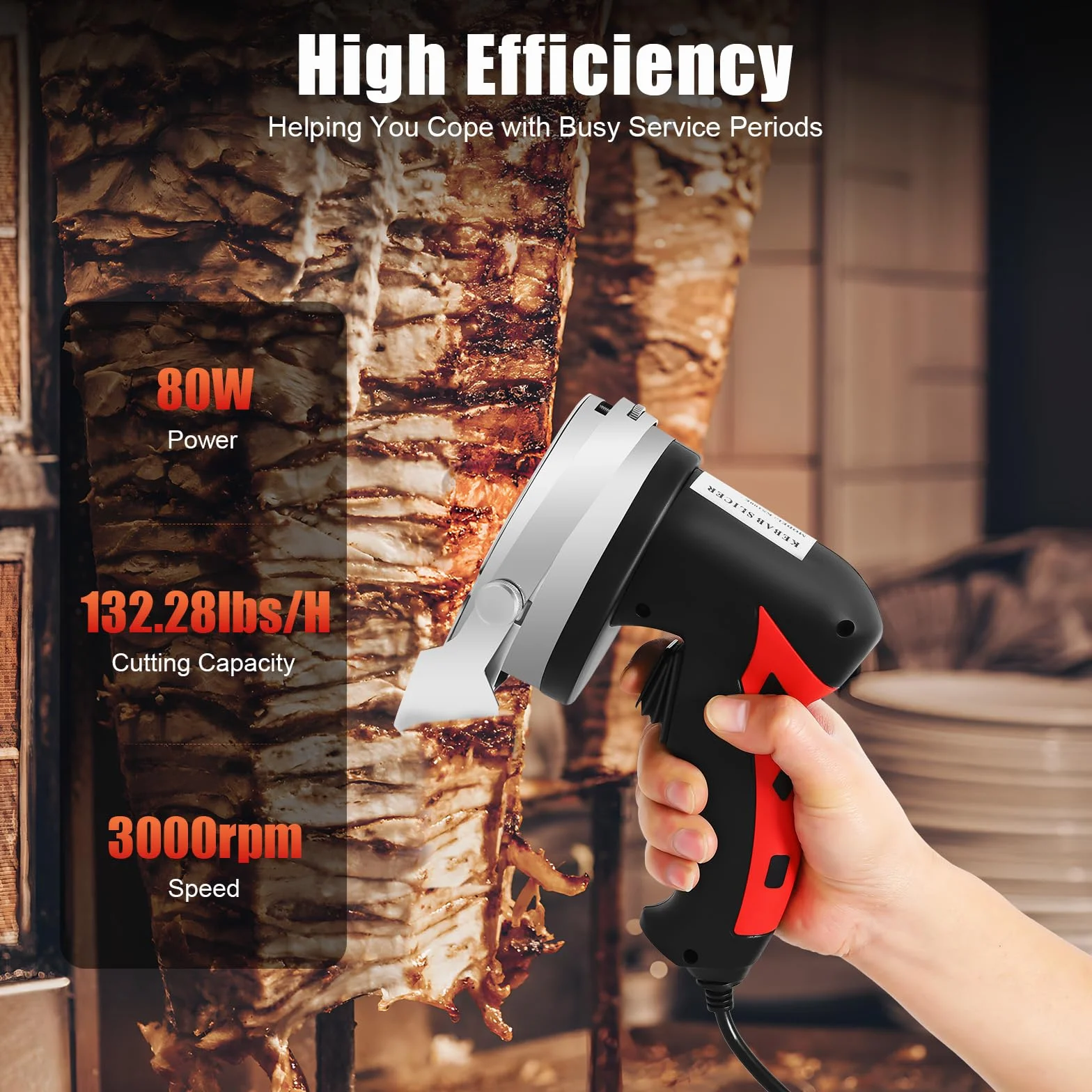 Coupe-kebab électrique 80 W moteur cuivre épaisseur réglable 1-8 mm lames acier inoxydable rouge/noir