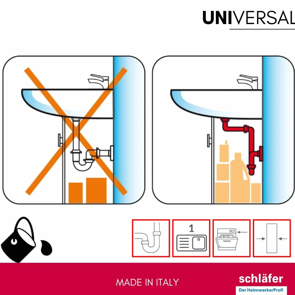 Siphon universel 1"1/2 pour éviers, sortie 40 mm, set siphon en S plastique, autonettoyant avec fixation lave-vaisselle