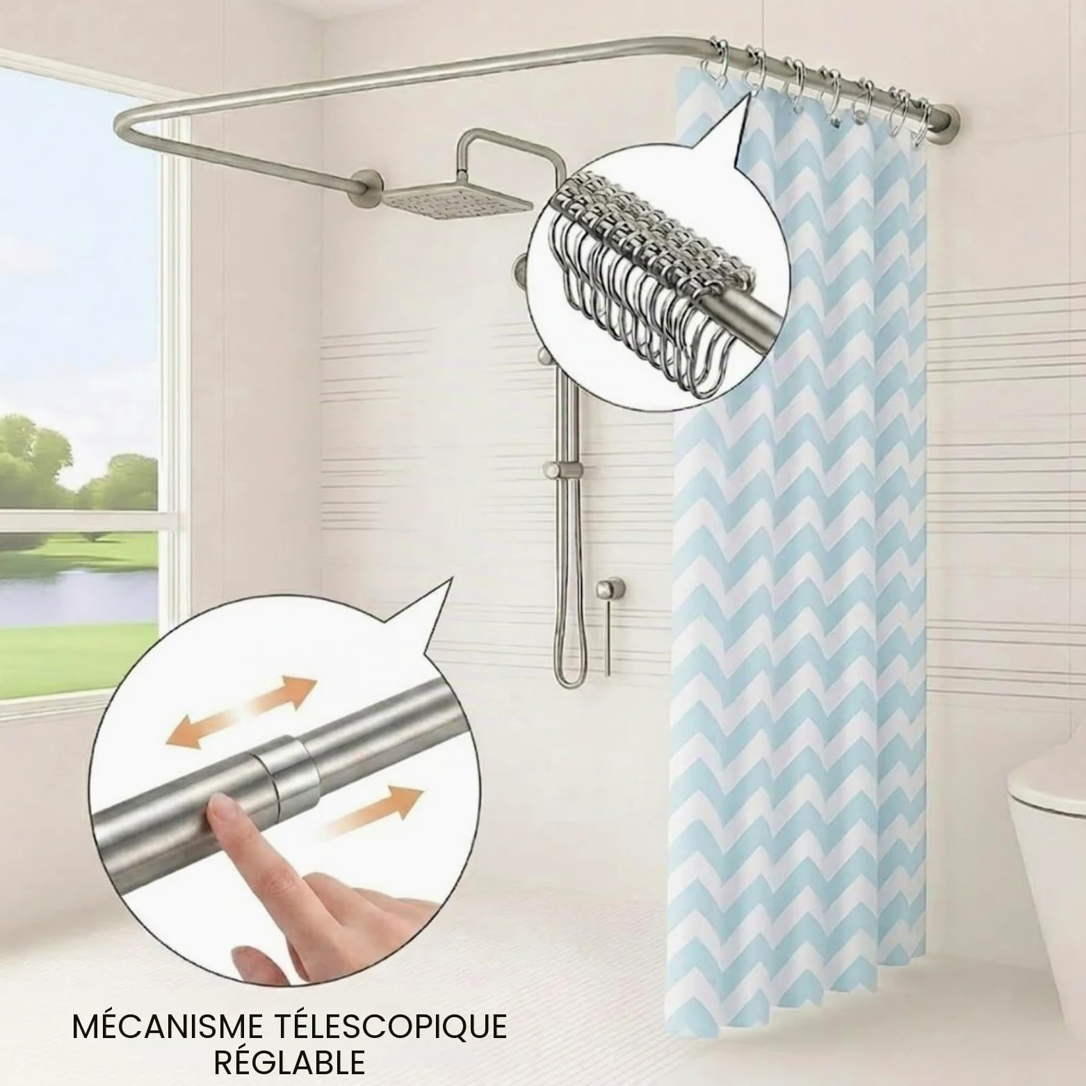 Barre de douche rétractable de type U/L, barre d'angle en acier inoxydable 304, antirouille et durable, avec 12 anneaux de rideau de douche, dimensions : 75 x (150-190) x 75 cm