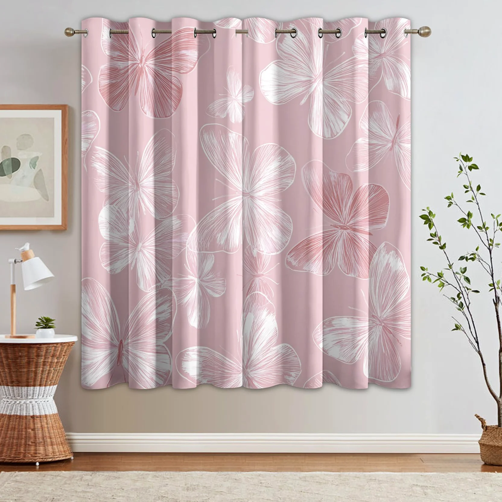 Rideau Occultant Papillon Rose, Féminine Et Féminine Motif Rideaux Thermiques à Oeillets, Rideaux Imprimé pour Salon Chambre Fenetre Moderne Décoration, 140x160 cm (L x H), Lot de 2, D#640