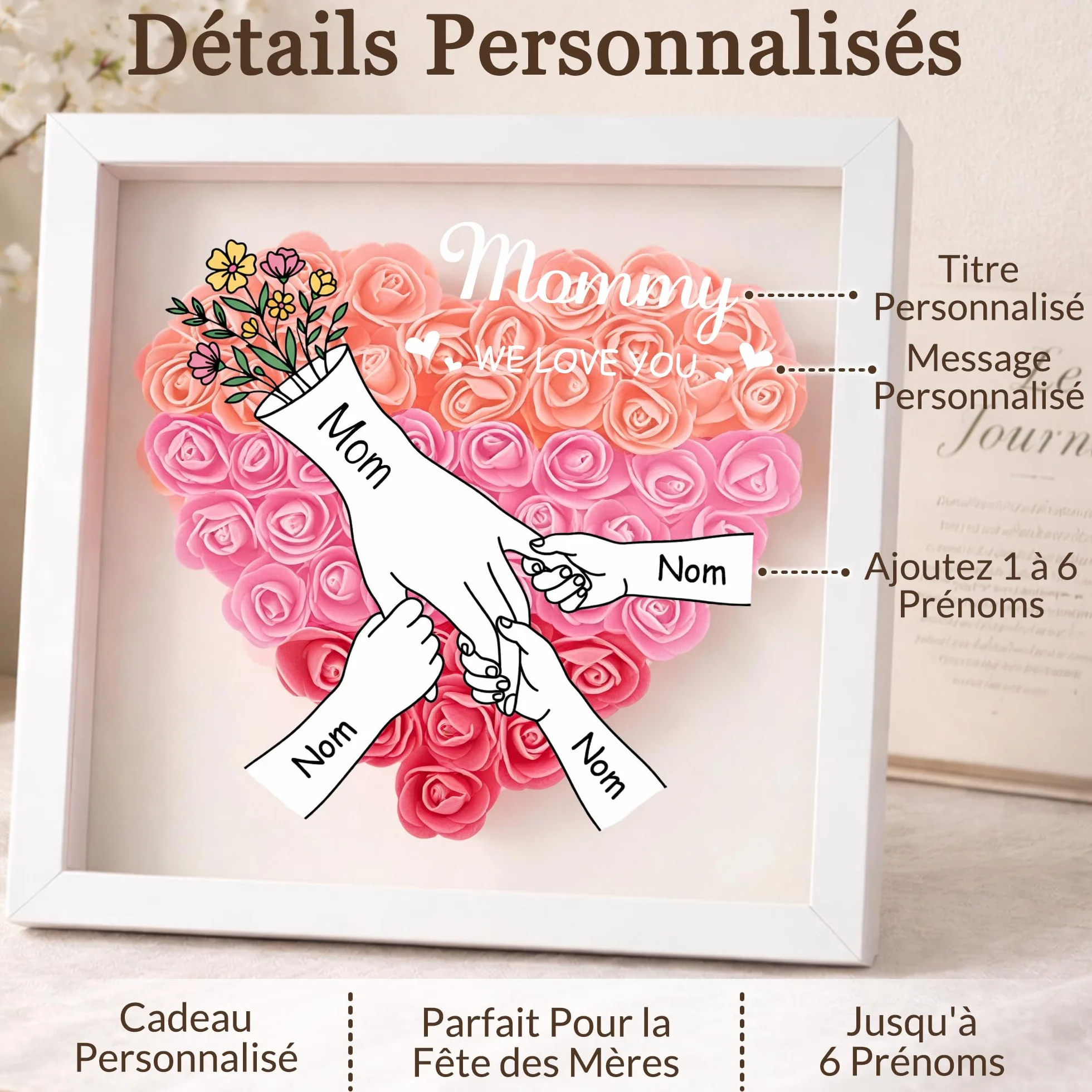BEXOA Boîte à Fleurs Cœur Personnalisé Cadeau Fête des Mères avec 2-6 Prénoms