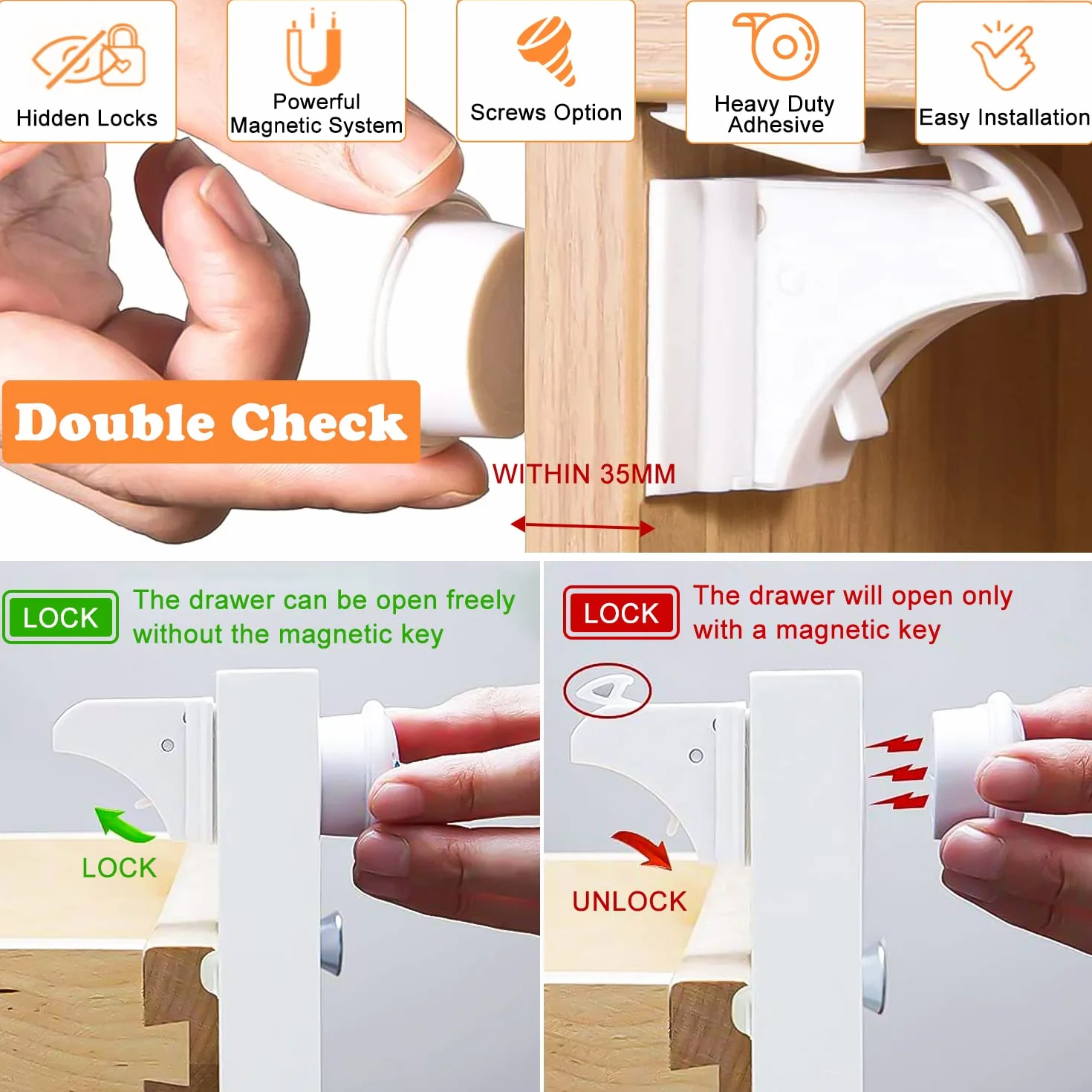 Lot de 4 serrures de sécurité pour enfants avec clé magnétique, serrure de tiroir invisible sans perçage