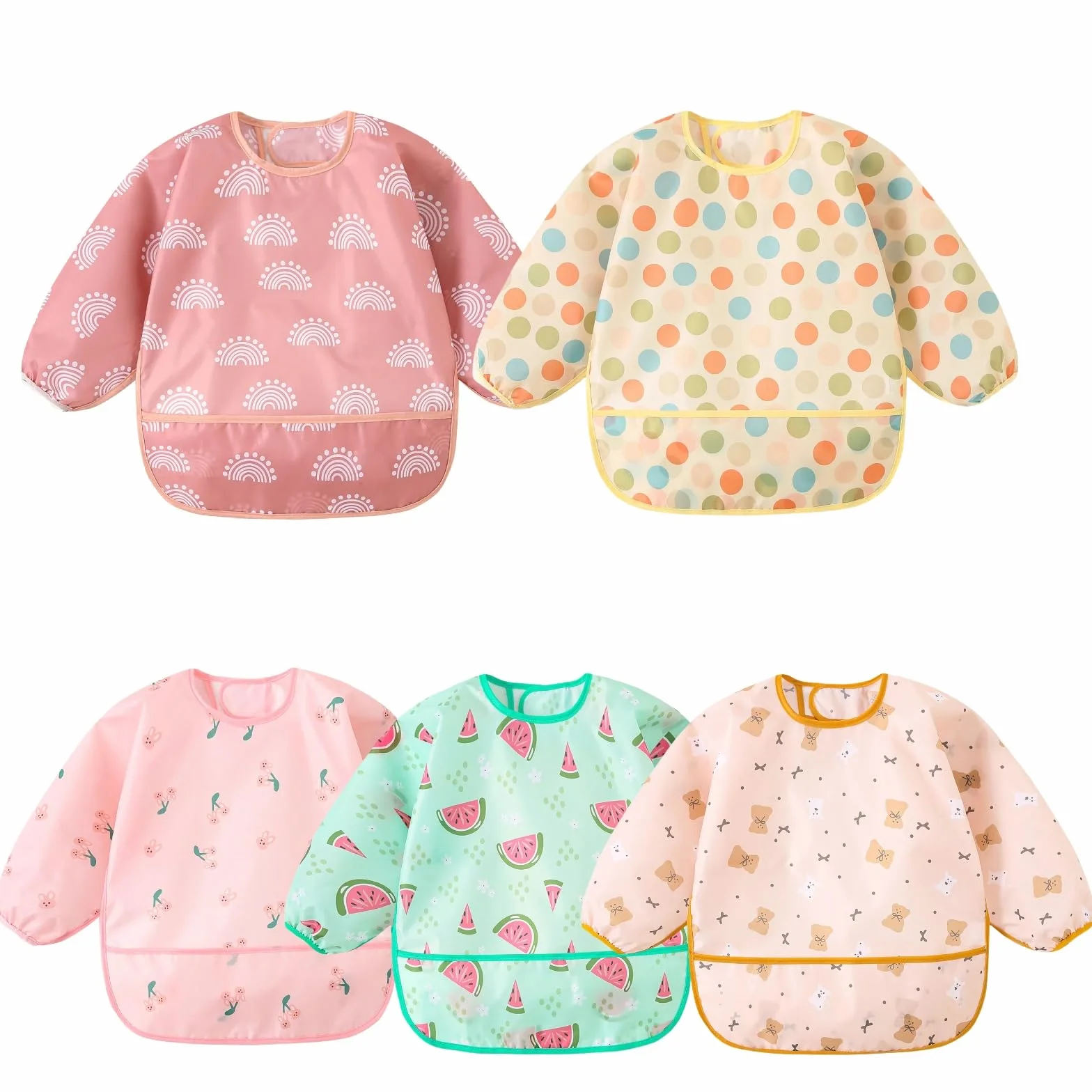 Bavoirs Manches Longues Imperméable pour Bébé 3-30 Mois avec Poches, Lot de 5