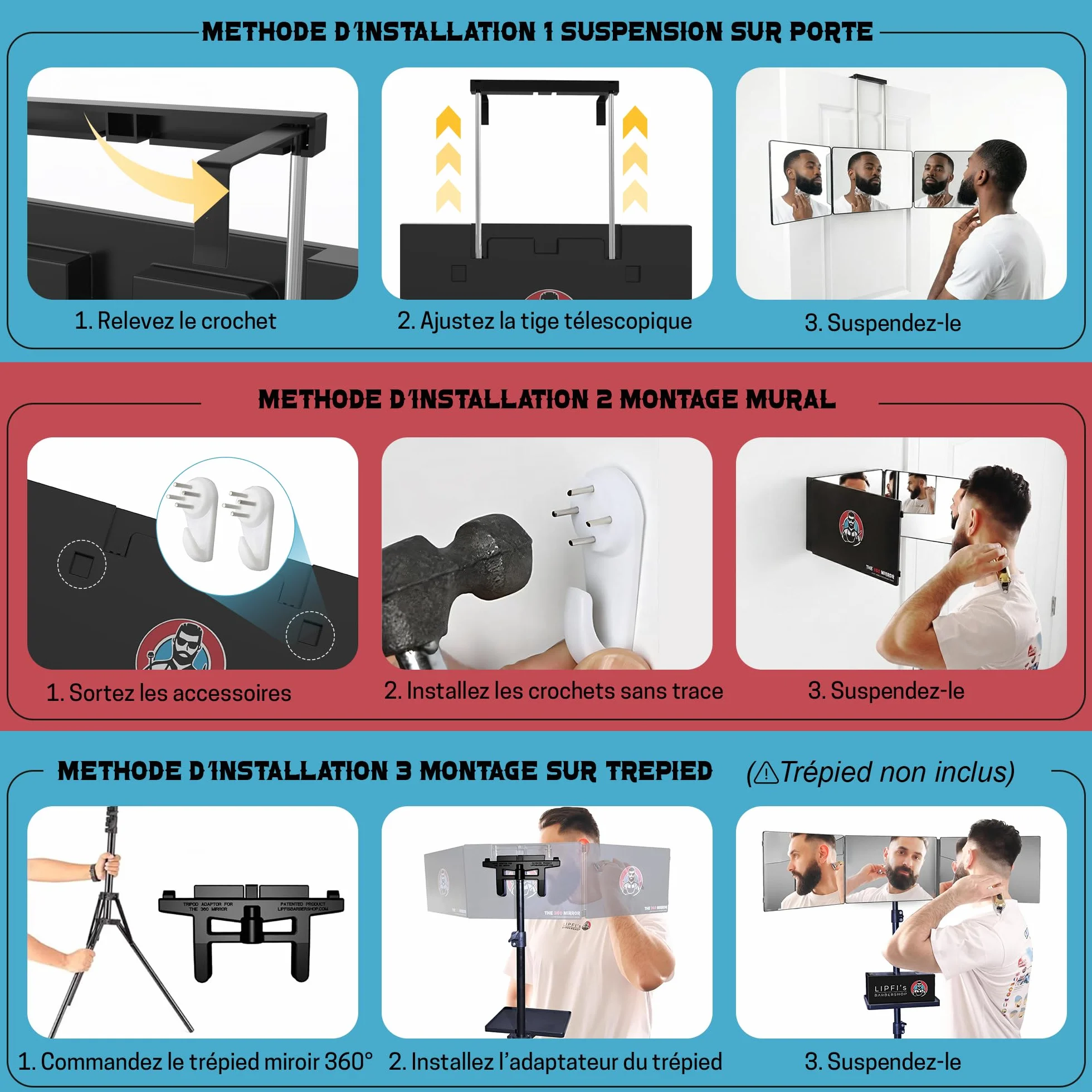 Miroir 360° 3 Faces Pliable Self Cut Mirror avec Crochets