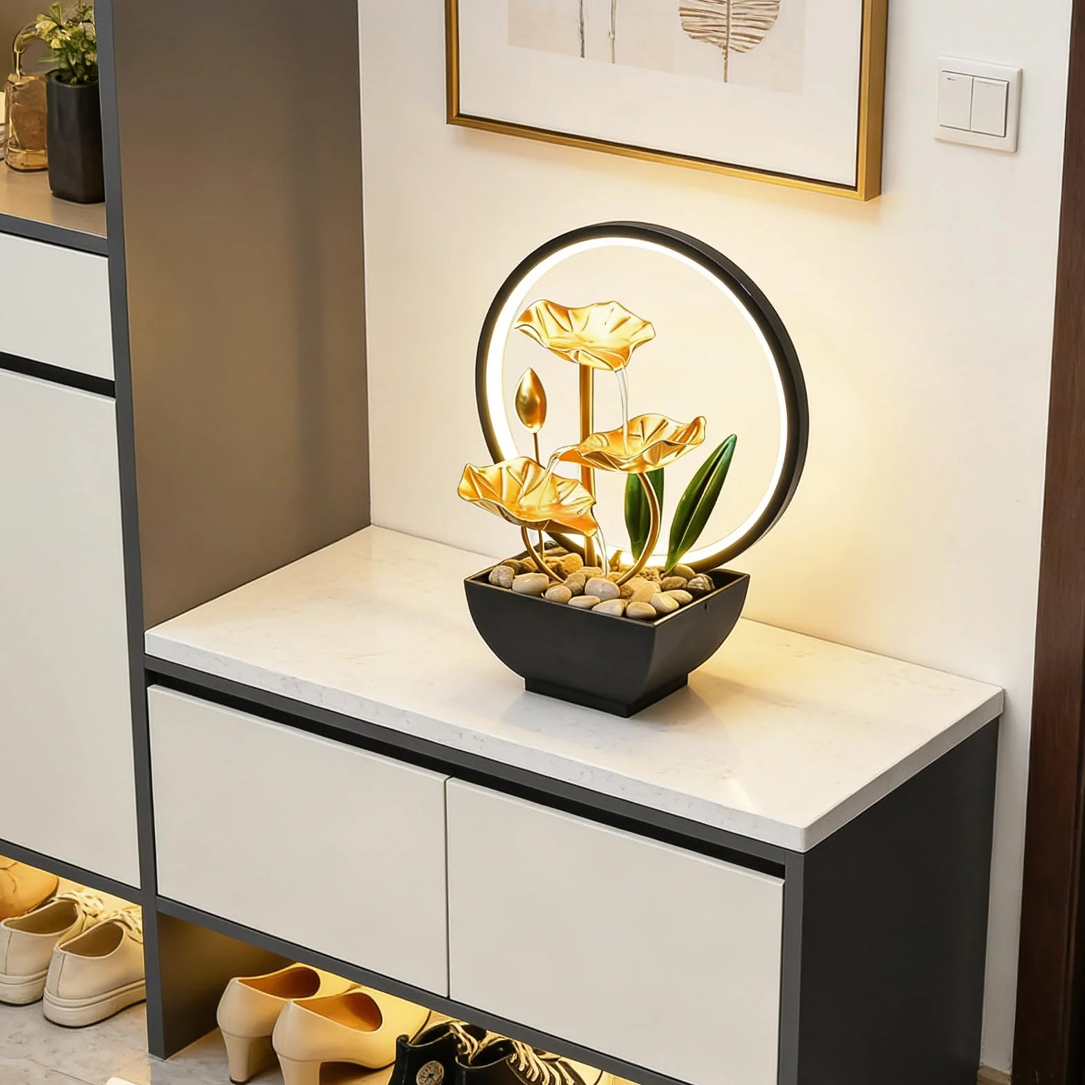 Fontaine d'intérieur LED 3 niveaux décoration zen pompe silencieuse mini cascade table