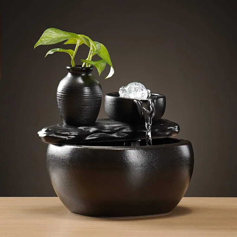 Fontaine à eau en céramique avec humidificateur, décorations d'aquarium, petite fontaine cascade intérieur noir