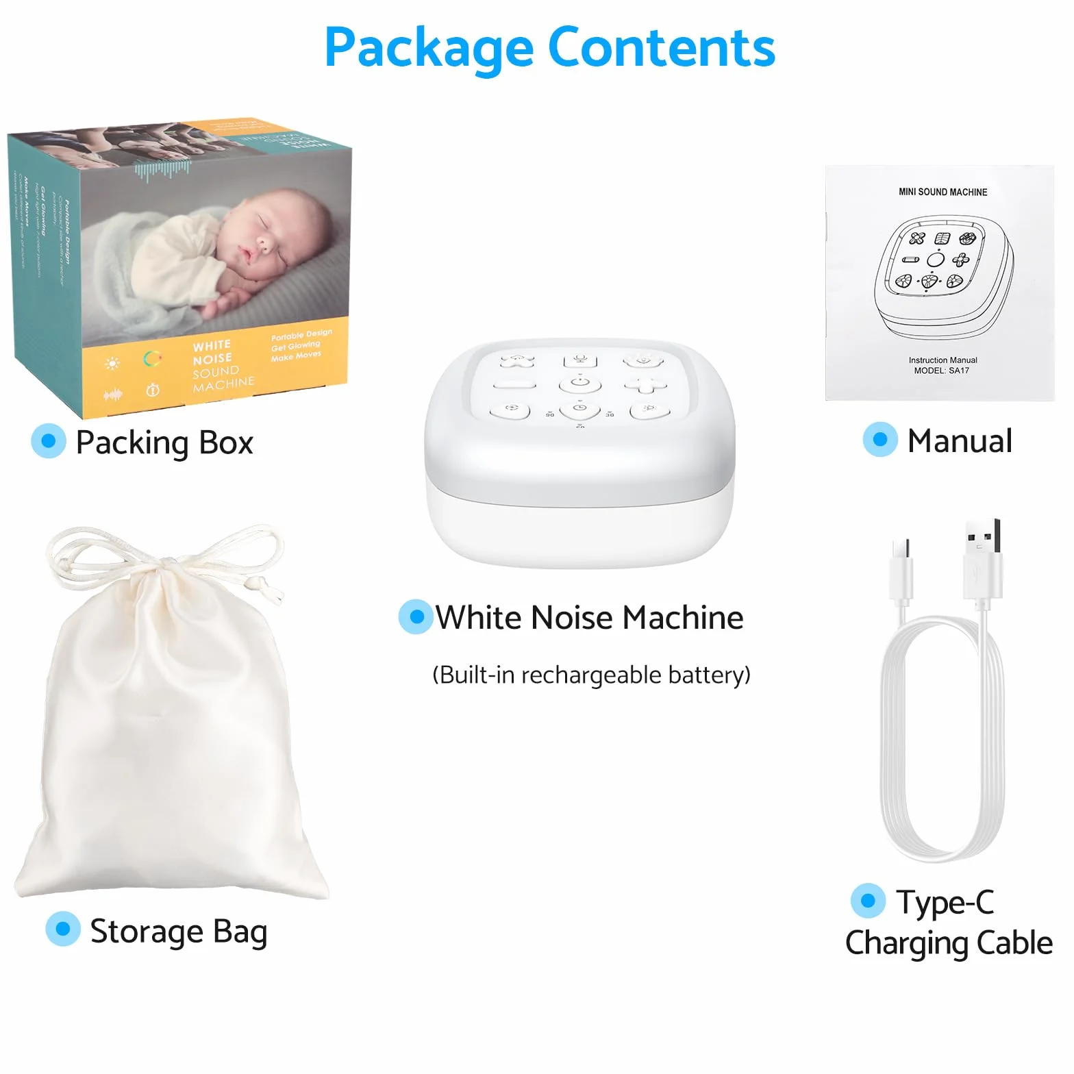 eSynic Mini Veilleuse Bruit Blanc Machine à Sommeil Portable pour Bébé, 30 Sons et 7 Couleurs