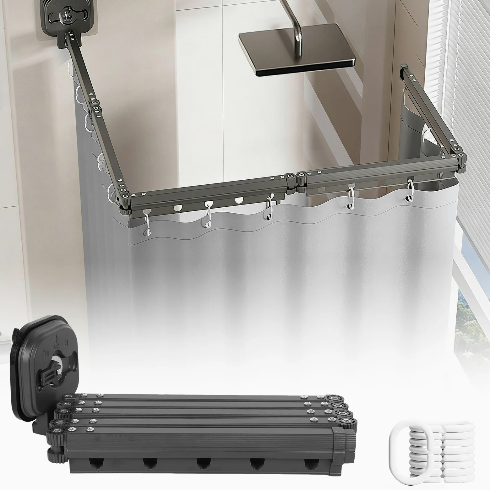 Tringle à rideau de douche pliable avec ventouse, sans perçage, étanche, montage mural, en forme de L/U, pour coin / baignoire (noir, 5 segments)