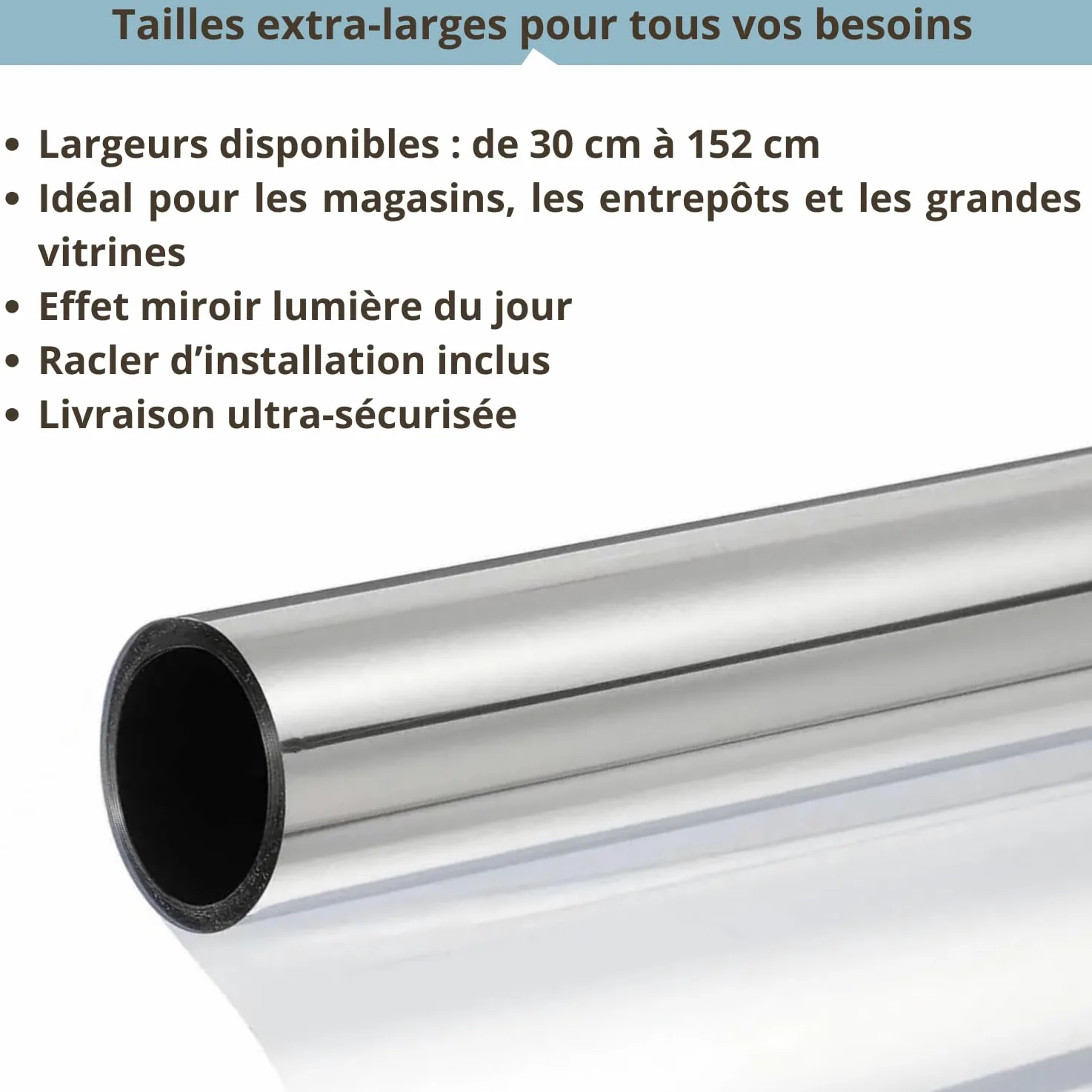 Film miroir pour vitres de confidentialité jour – (120 x 400 cm), anti-UV et contrôle de la chaleur, film occultant réfléchissant auto-adhésif professionnel fenêtres maison bureau, tenue forte sans
