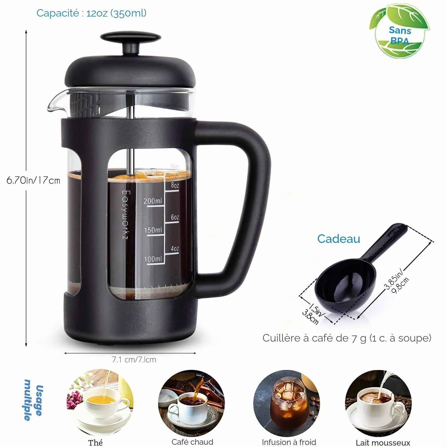 Easyworkz Cafetière à piston verre borosilicate 350ml Noir