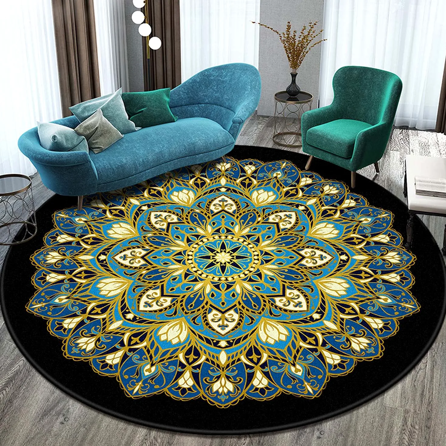 Dhao Tapis Rond Mandala Motif Bohême Moderne pour Salon Chambre à Coucher Cuisine Lavable Grands Antidérapant Tapis Diamètre: 160 cm
