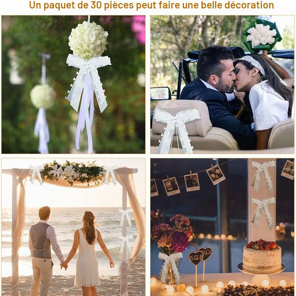 30 Pièces Noeud Voiture Mariage Blanc Décoration de Voiture Satin Ruban Mariage Cadeau