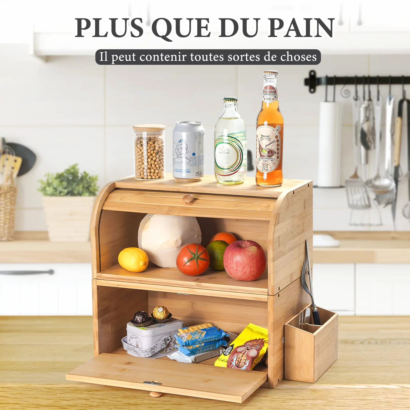 GUUSII HOME Boite a Pain Bois Grande Capacité Boîte à Pain de mie Bambou Huche a Pain Moderne pour Cuisine Countertop 38 x 25 x 36 cm Double Couche Empilable