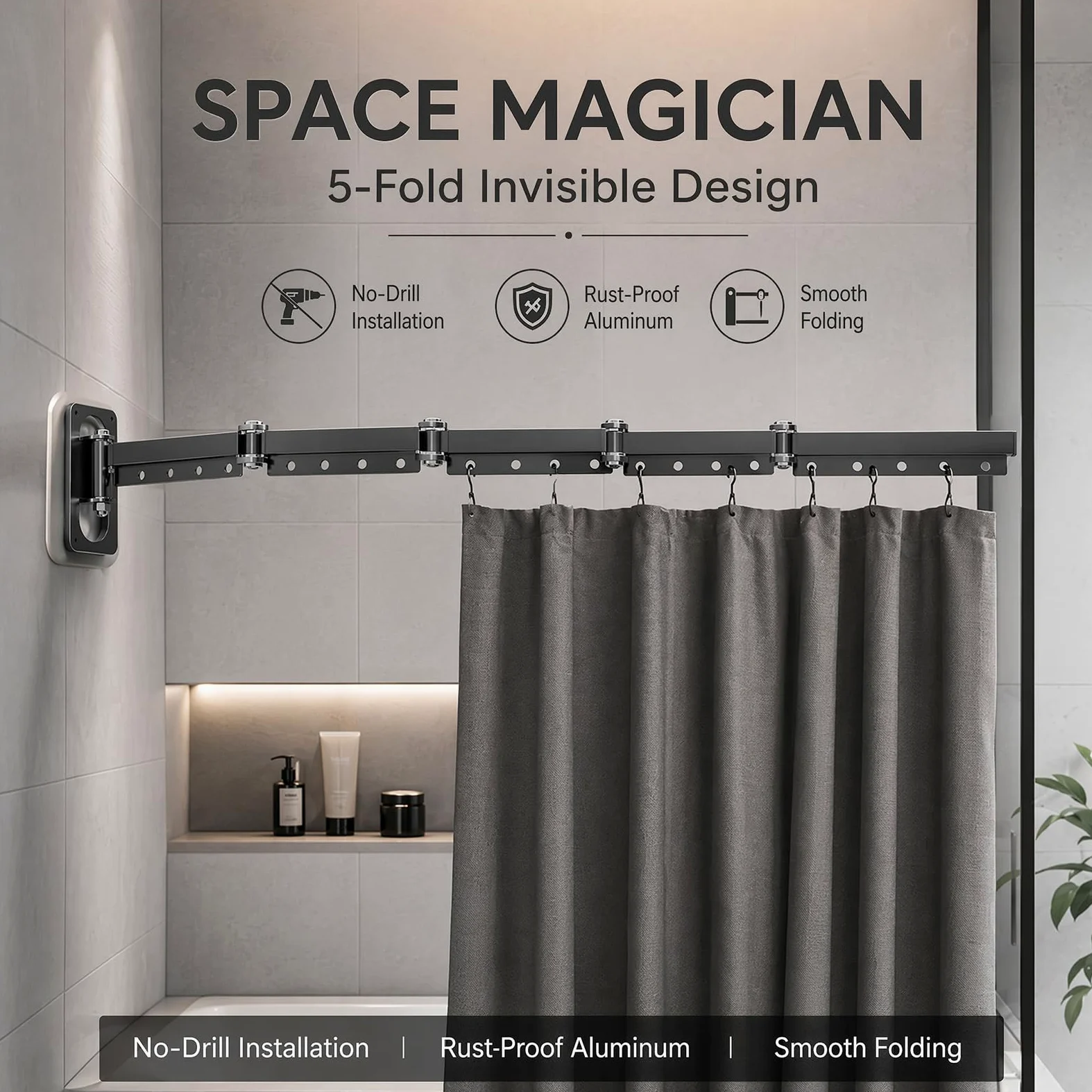 Tringle à rideau de douche sans perçage, pliable en 5 positions, montage mural en forme de L/U, barre de rideau de douche sans perçage pour coin/baignoire, pliable et peu encombrant (gris)