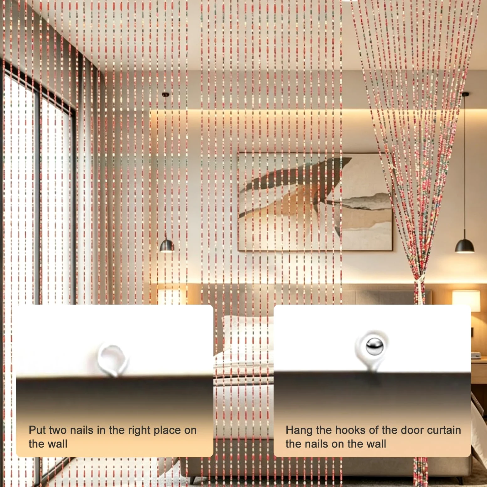Rideau de porte en perles de bambou 90 x 200 cm, 52 brins pour portes | Rideau de porte rétro fait à la main pour fenêtres, portes, chambres comme rideau de décoration et moustiquaire