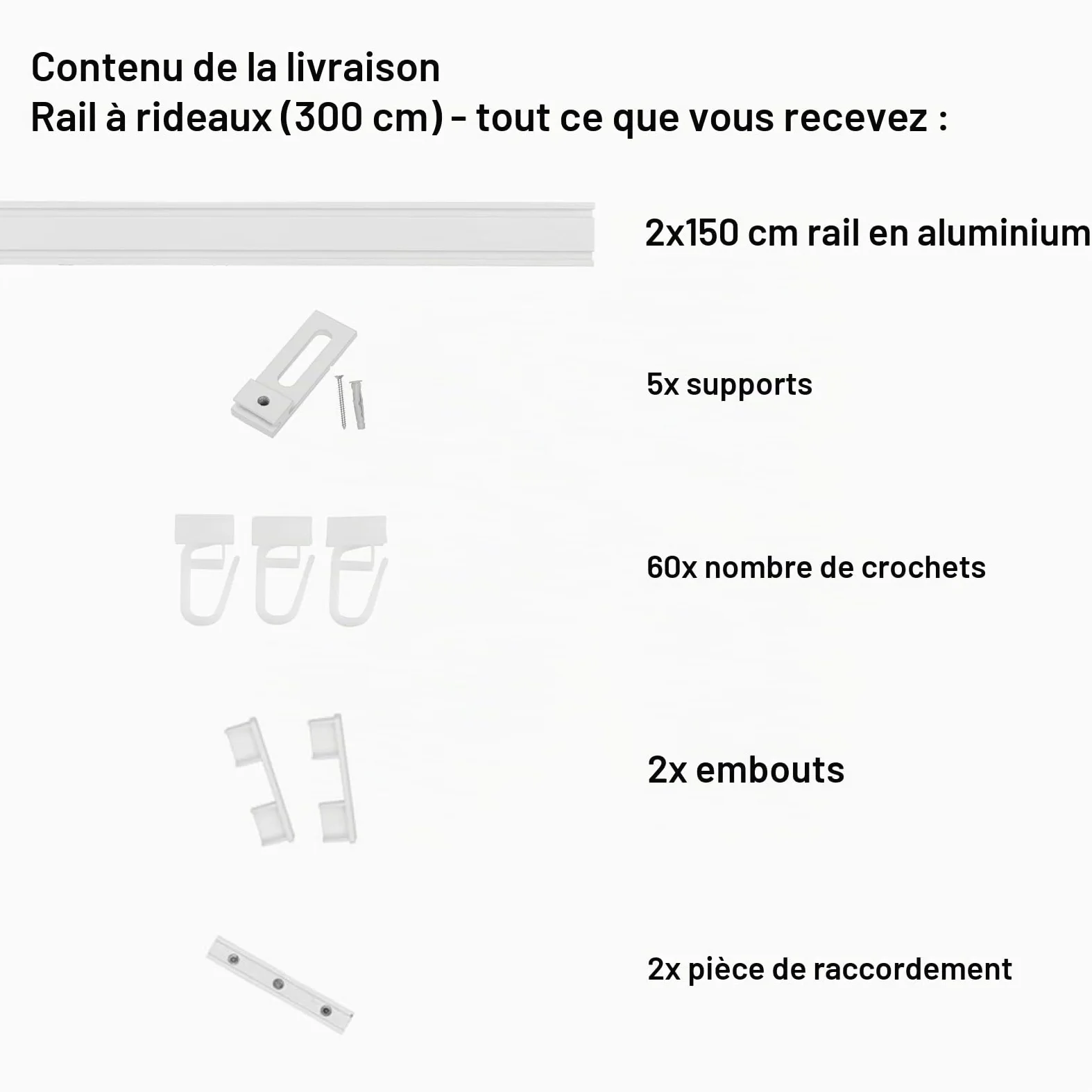 MDEKOR rail de rideau en aluminium 300 cm, 2-en-1 simple/double, montage au plafond, blanc, ensemble complet avec glissières, crochets et supports métalliques, silencieux