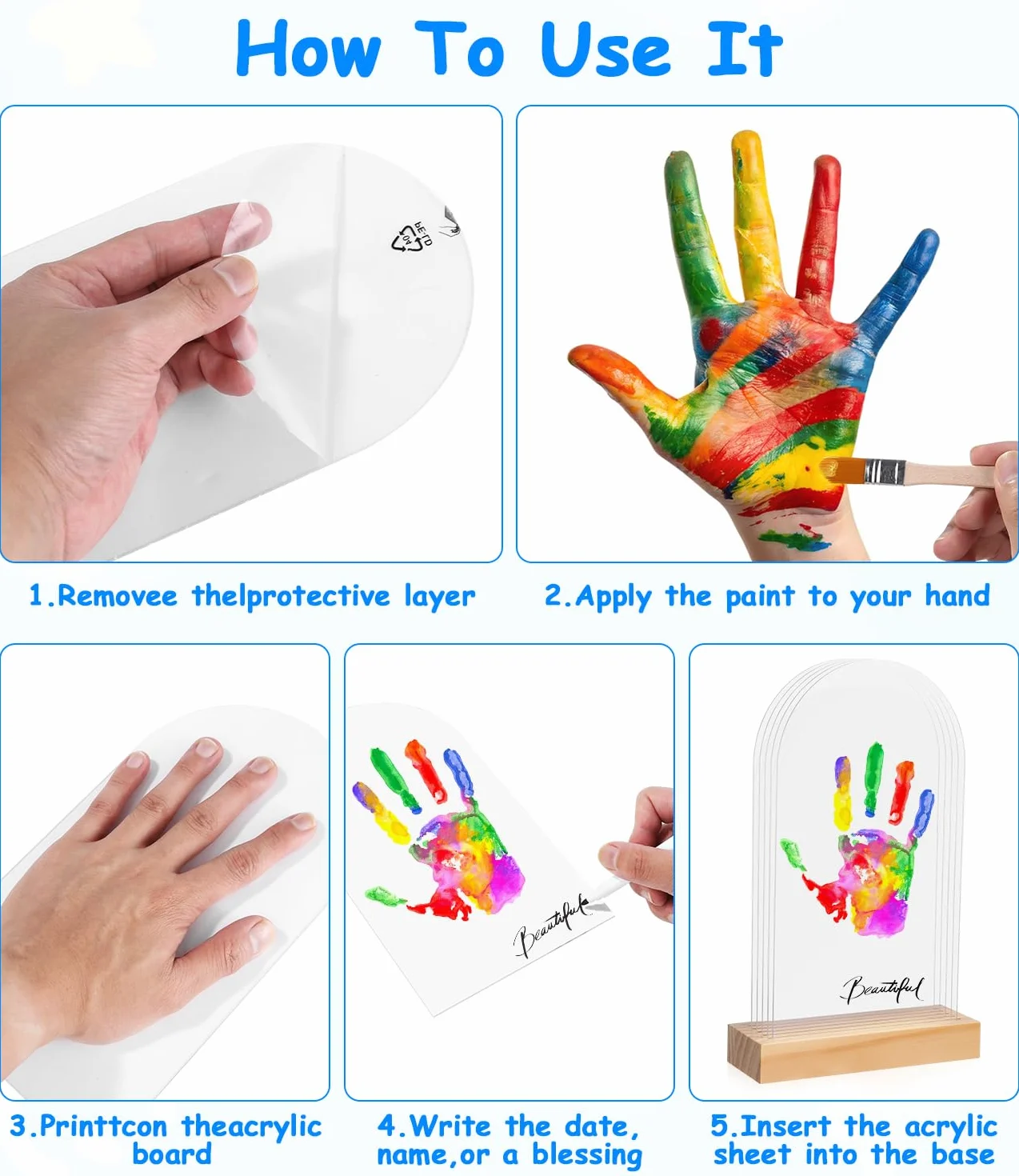 Kit Empreinte Main Famille avec 5 Plaques Plexiglas 6 Couleurs Pigments, Cadeau Bebe Naissance