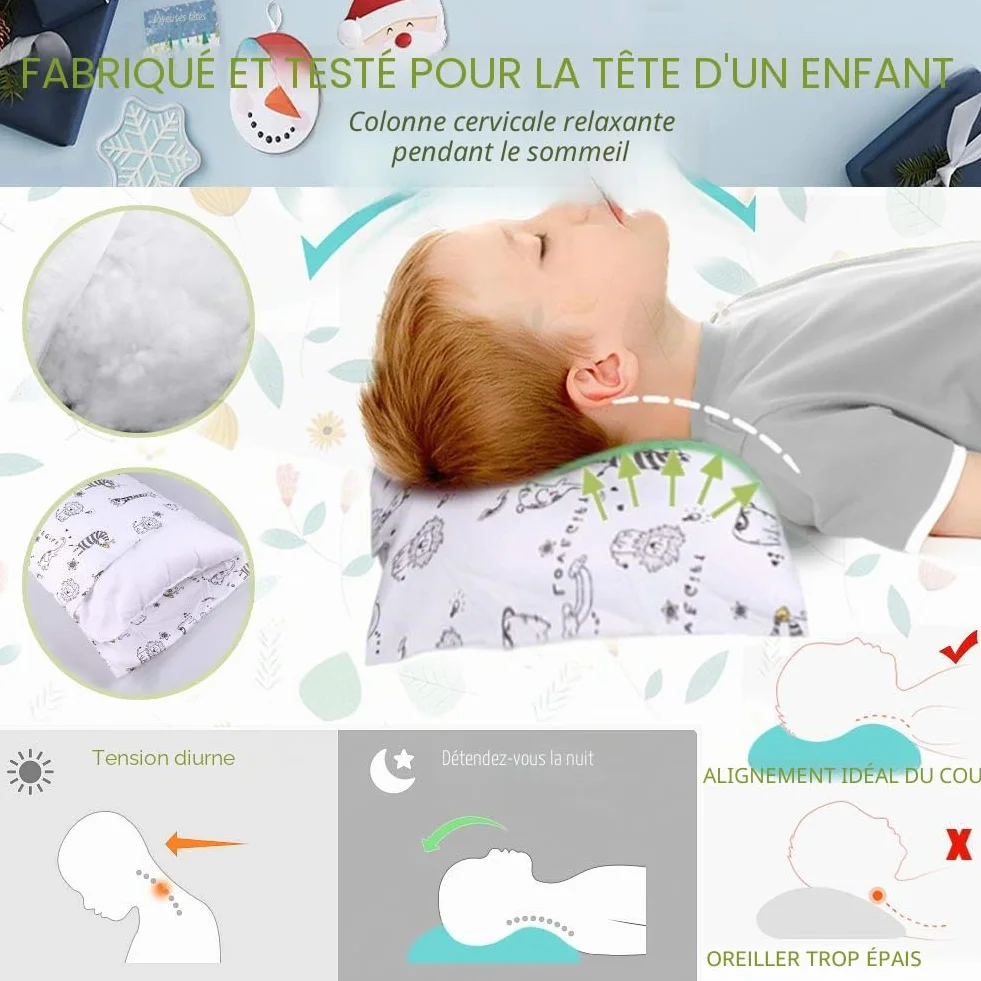 Oreiller pour Enfant 33 x 45 cm Hypoallergénique 100% Coton Biologique Lavable Machine