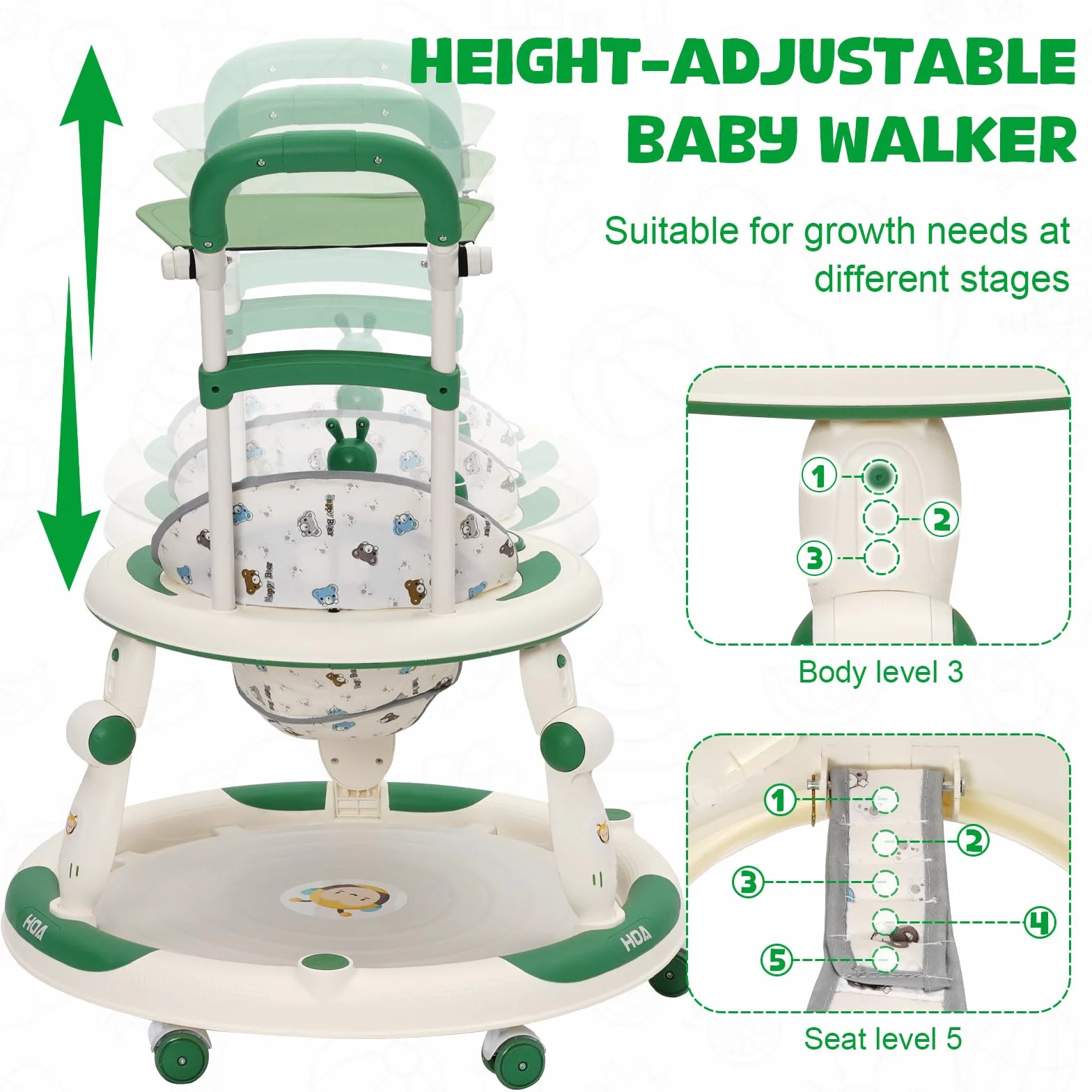 Trotteur Bébé Evolutif 3en1, Jumper Bébé Roues Silencieuses 360°, Centre de Jeux, Table à Manger, Réglable Hauteur, Pliable, Vert