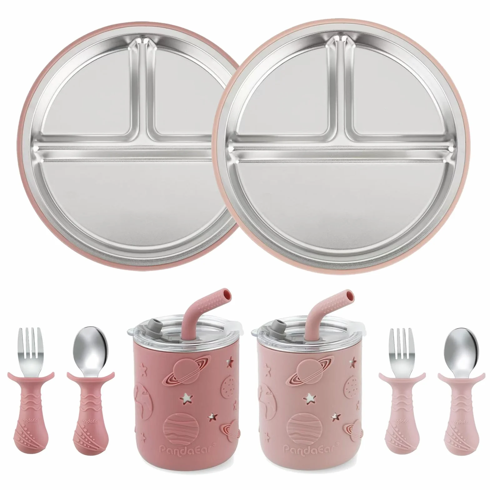 PandaEar Ensemble Repas Bébé Inox 2 Assiettes Ventouse Compartimentées 2 Gobelets Paille Antifuite Manchons Silicone 2 Fourchettes 2 Cuillères Sans BPA Rose