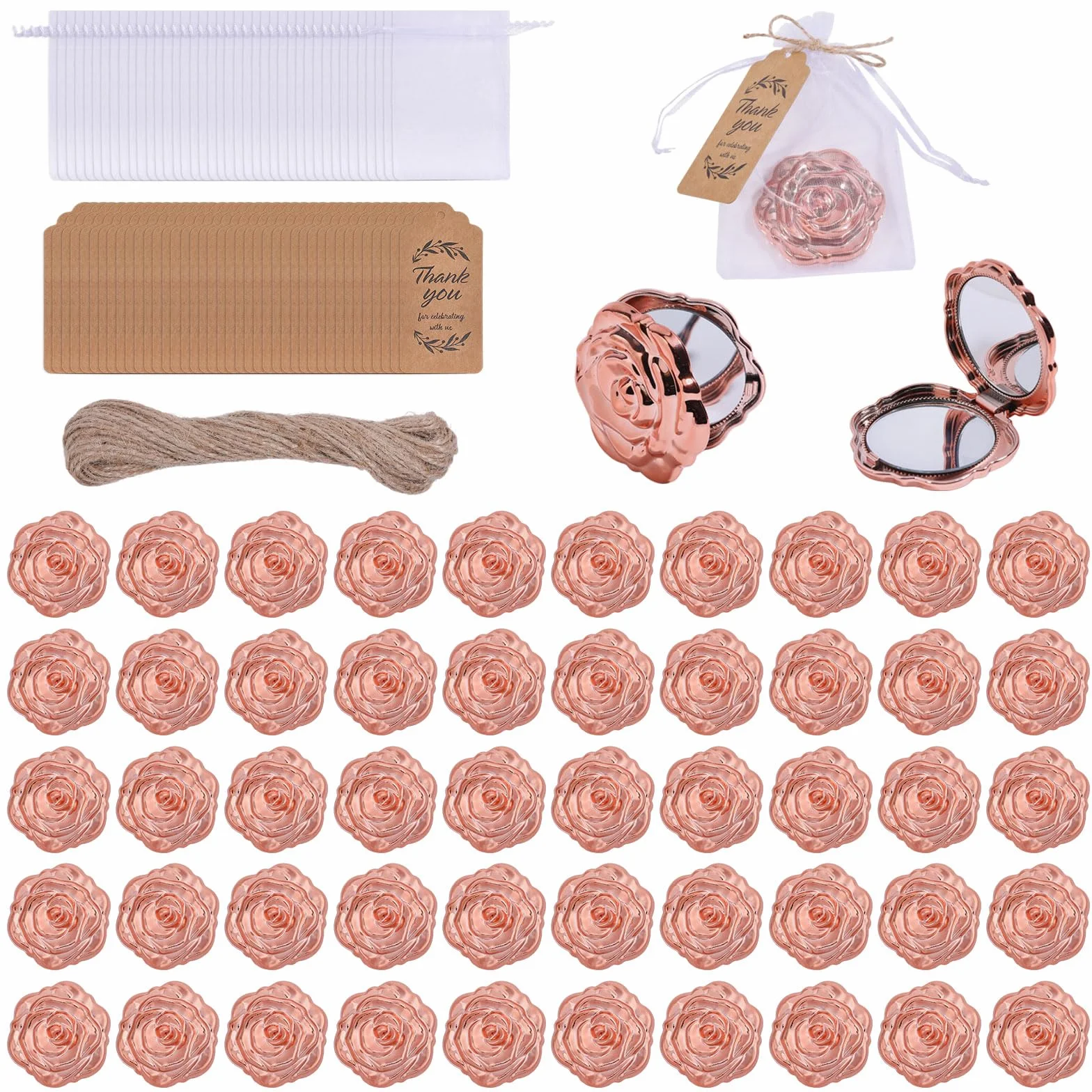 FREEBLOSS Lot de 50 Miroirs de Poche Rose Compact 3D avec Cartes et Pochettes Organza pour Mariage Anniversaire Fête Prénatale Voyage 2.5"