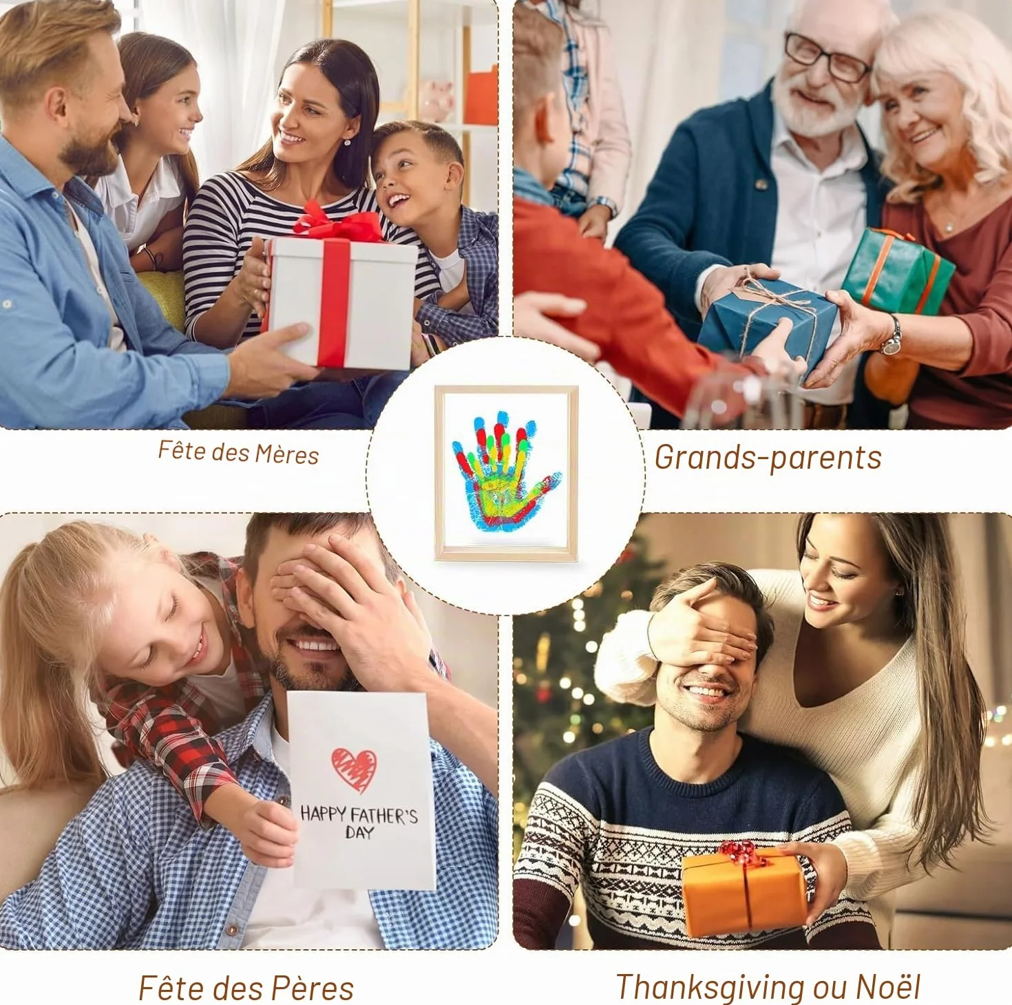 Kit d'Empreintes de Mains Familiales avec Cadre en Bois, 4 Empreintes, 6 Couleurs de Pigments, pour Bébé