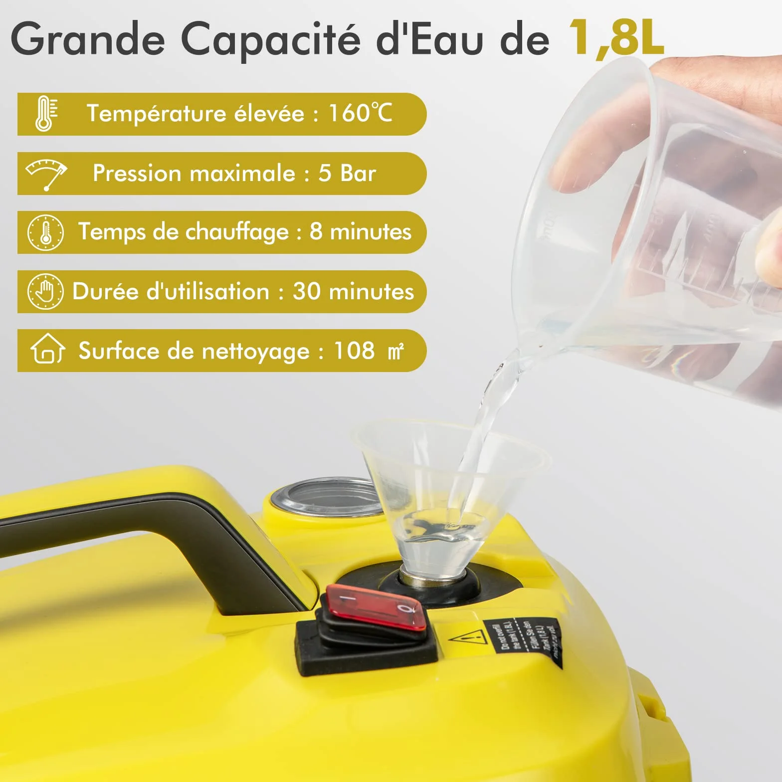COSTWAY Nettoyeur Vapeur Haute Pression 2000W 13 Accessoires 5 Bars 1.8L Jaune